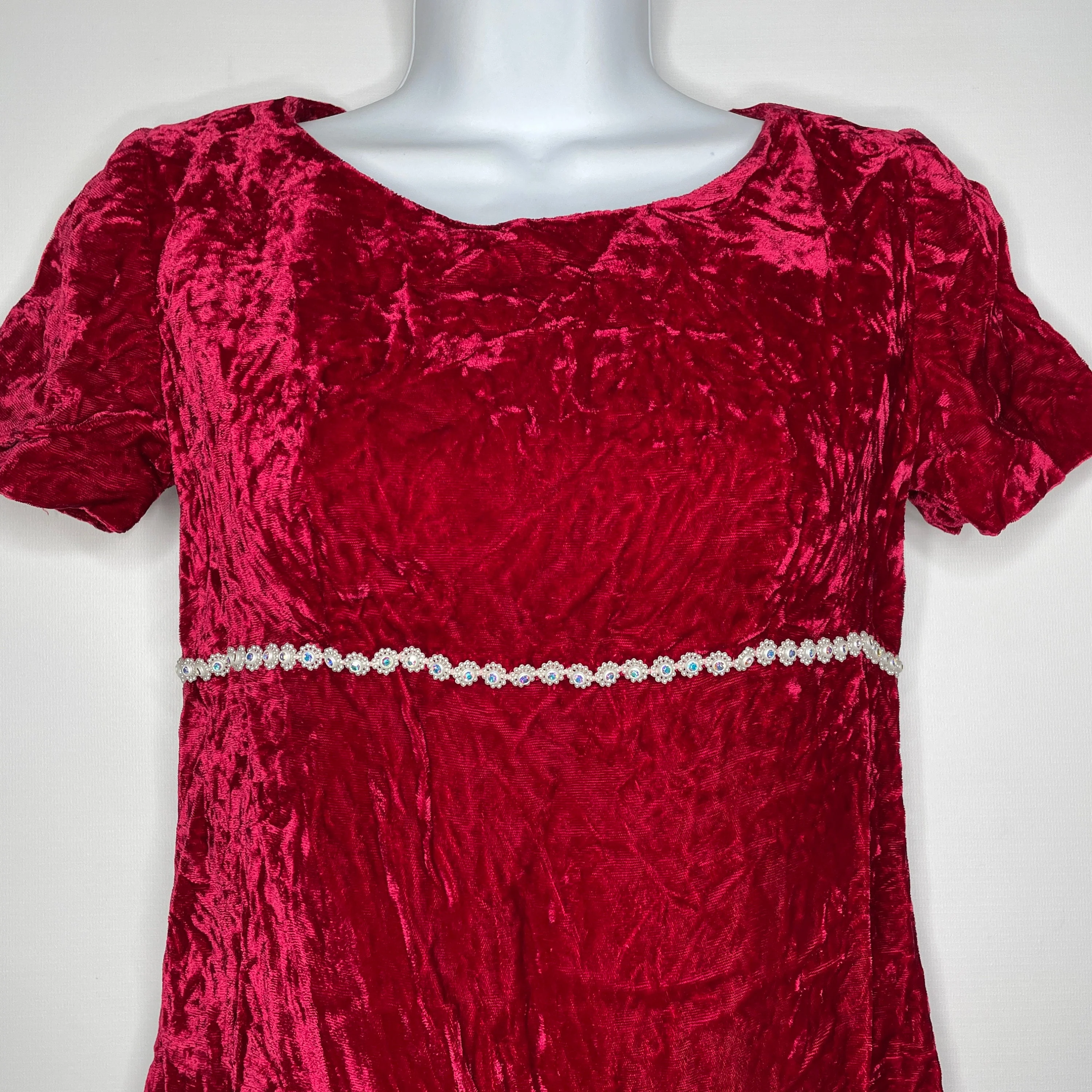 Vintage 60s Crushed Red Velvet Beaded Rhinestone Mini Dress - Image 2