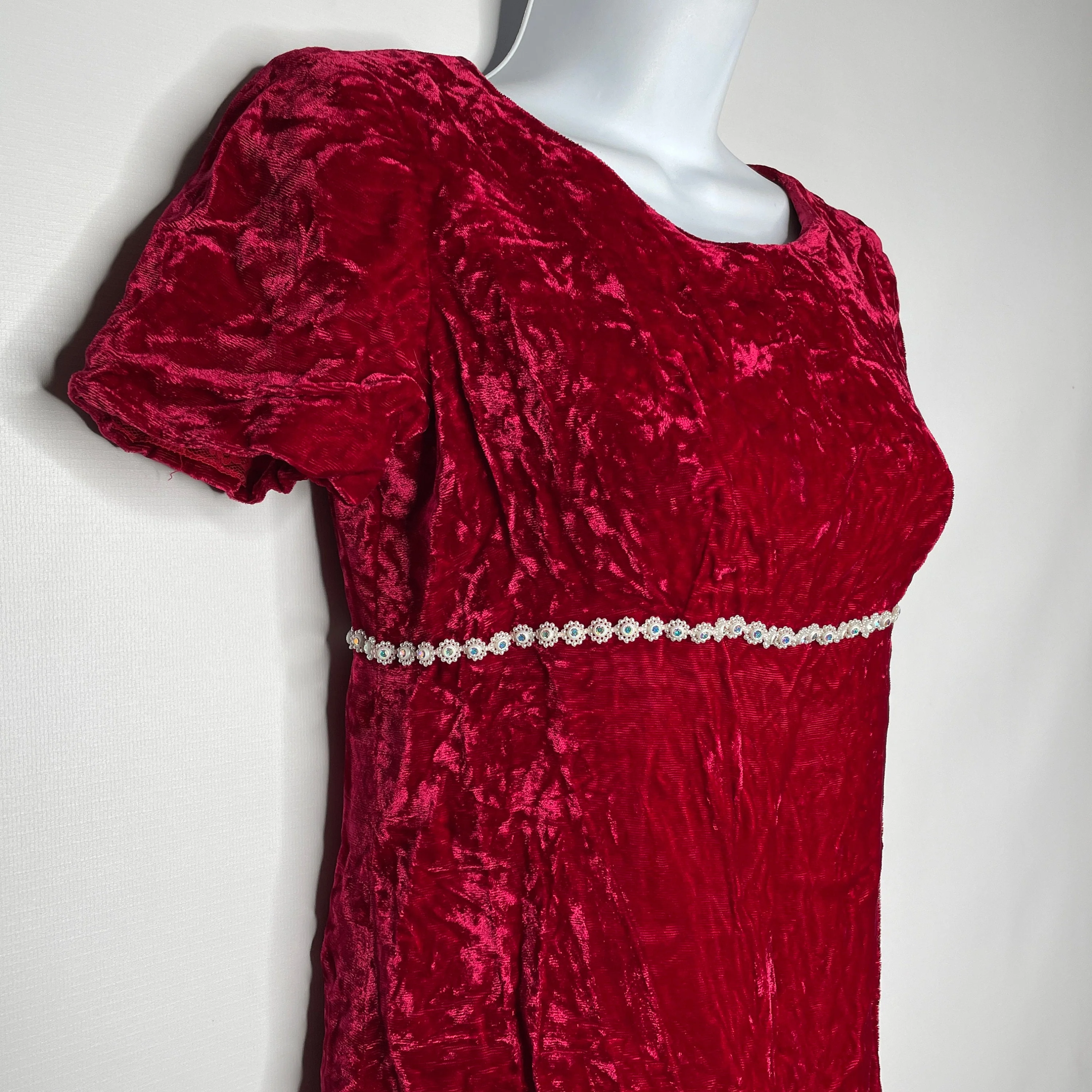 Vintage 60s Crushed Red Velvet Beaded Rhinestone Mini Dress - Image 4