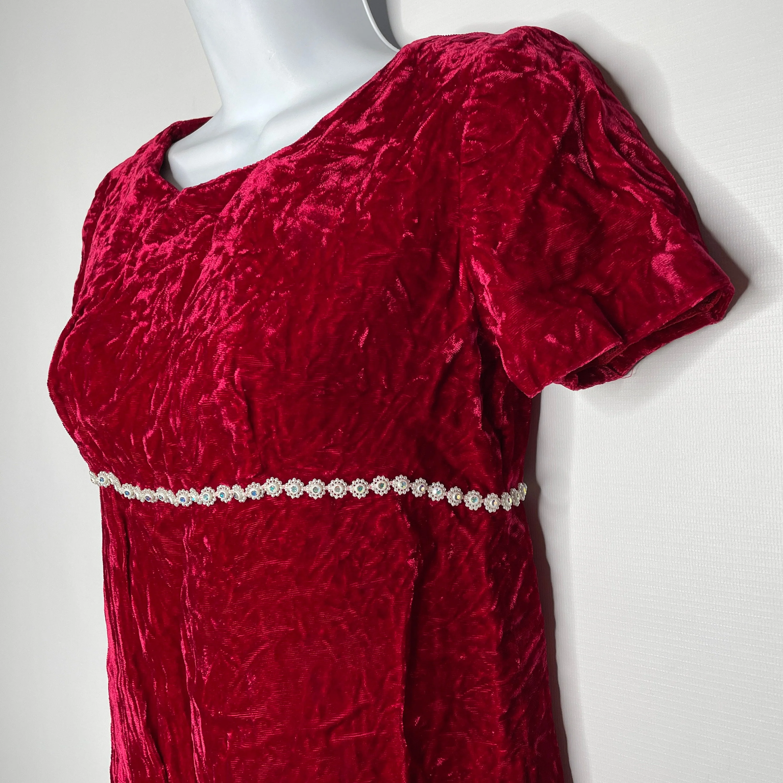 Vintage 60s Crushed Red Velvet Beaded Rhinestone Mini Dress - Image 7