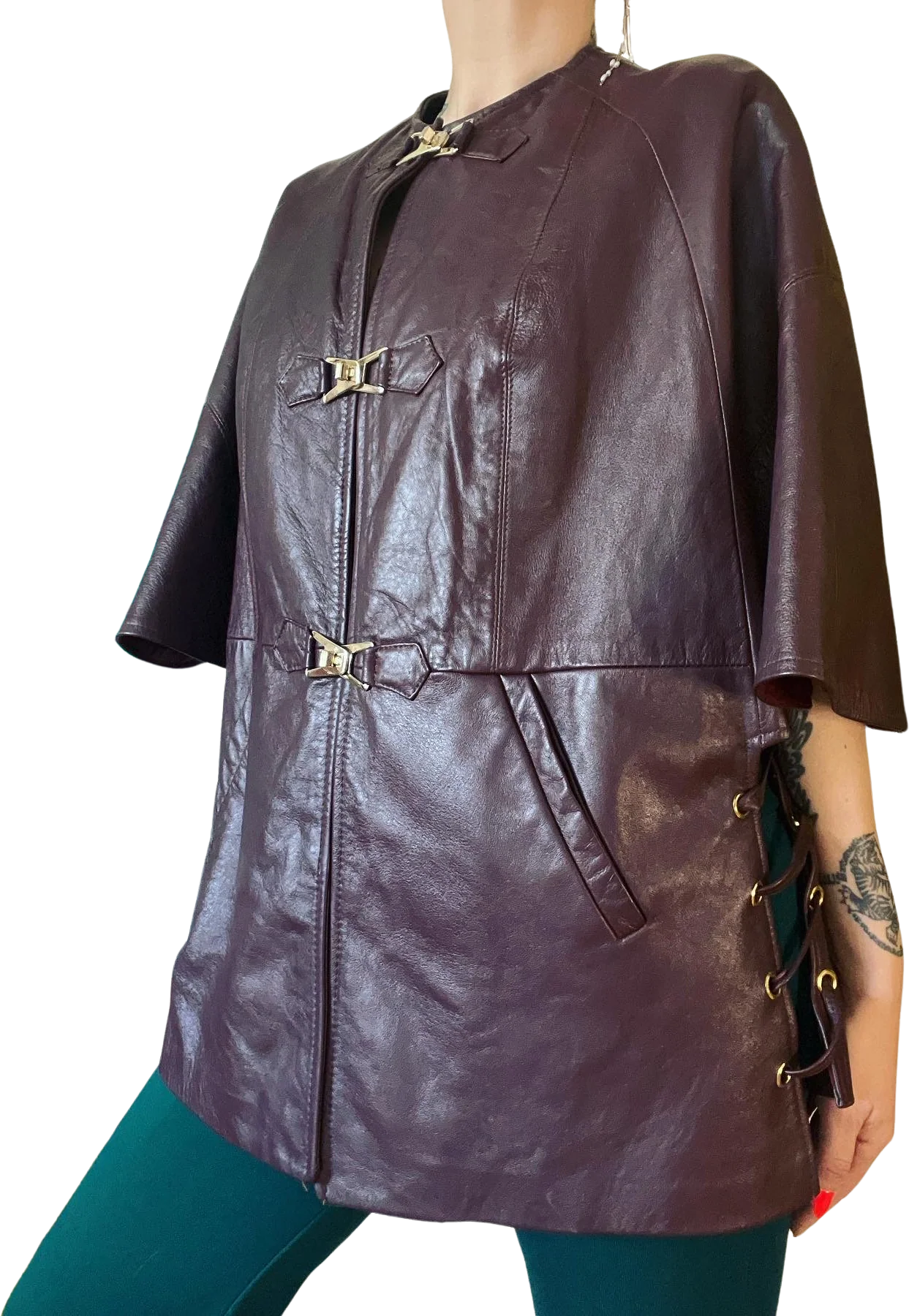 Vintage 60s Dan Di Modes Chocolate Brown Buttery Soft Leather Mega Mod Cape Coat with Laced Sides and Stunning Goldtone Turn-Lock Closures by Dan Di Modes