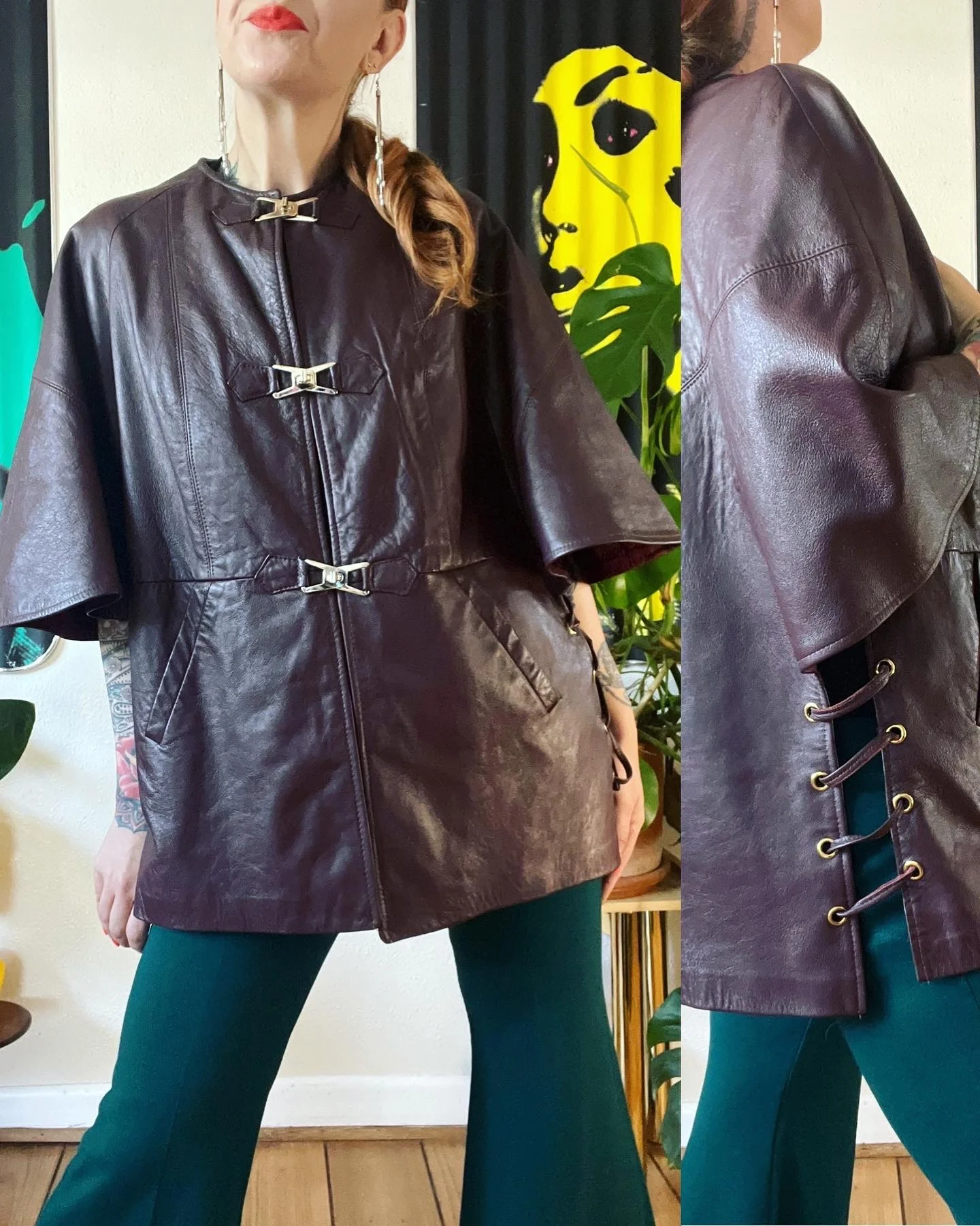 Vintage 60s Dan Di Modes Chocolate Brown Buttery Soft Leather Mega Mod Cape Coat with Laced Sides and Stunning Goldtone Turn-Lock Closures by Dan Di Modes - Image 6
