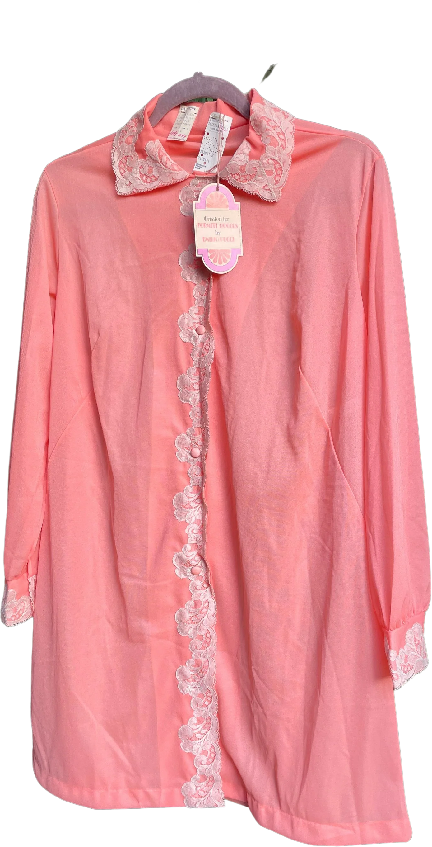 Vintage 60s Dead Stock Robe Sleep Shirt Peach Nylon Lace Nwt Nos by Emilio Pucci
