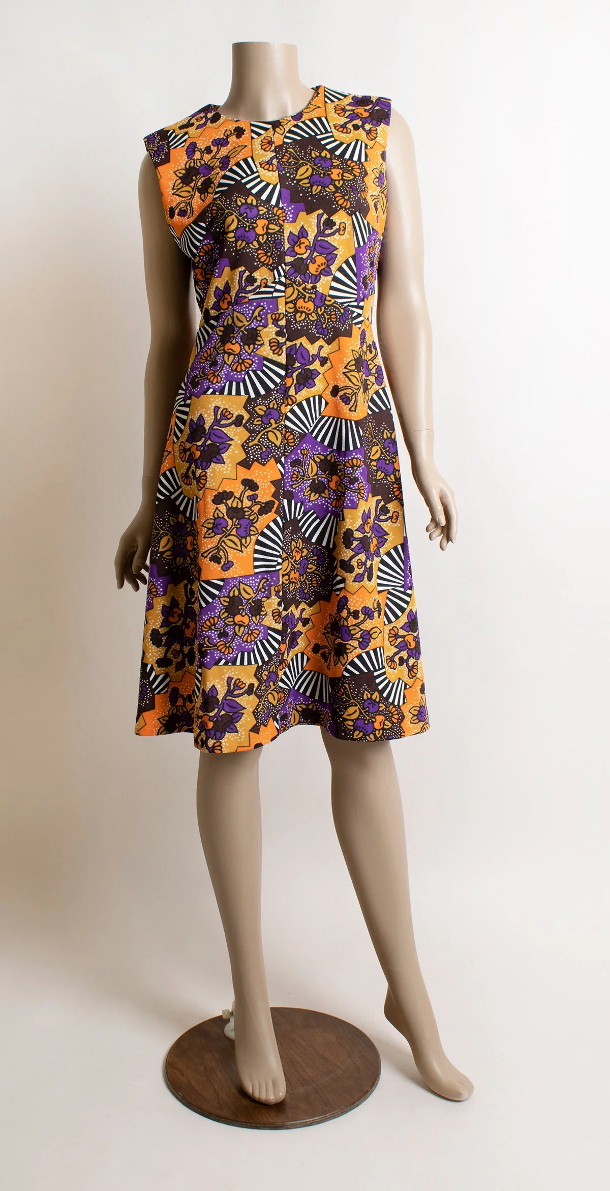 Vintage 60s Dolly Dress Warm Tone Autumn Floral Print Sleeveless Mod Scooter Gogo Dress In Purple Orange and Brown 60s A-Line Medium - Image 3