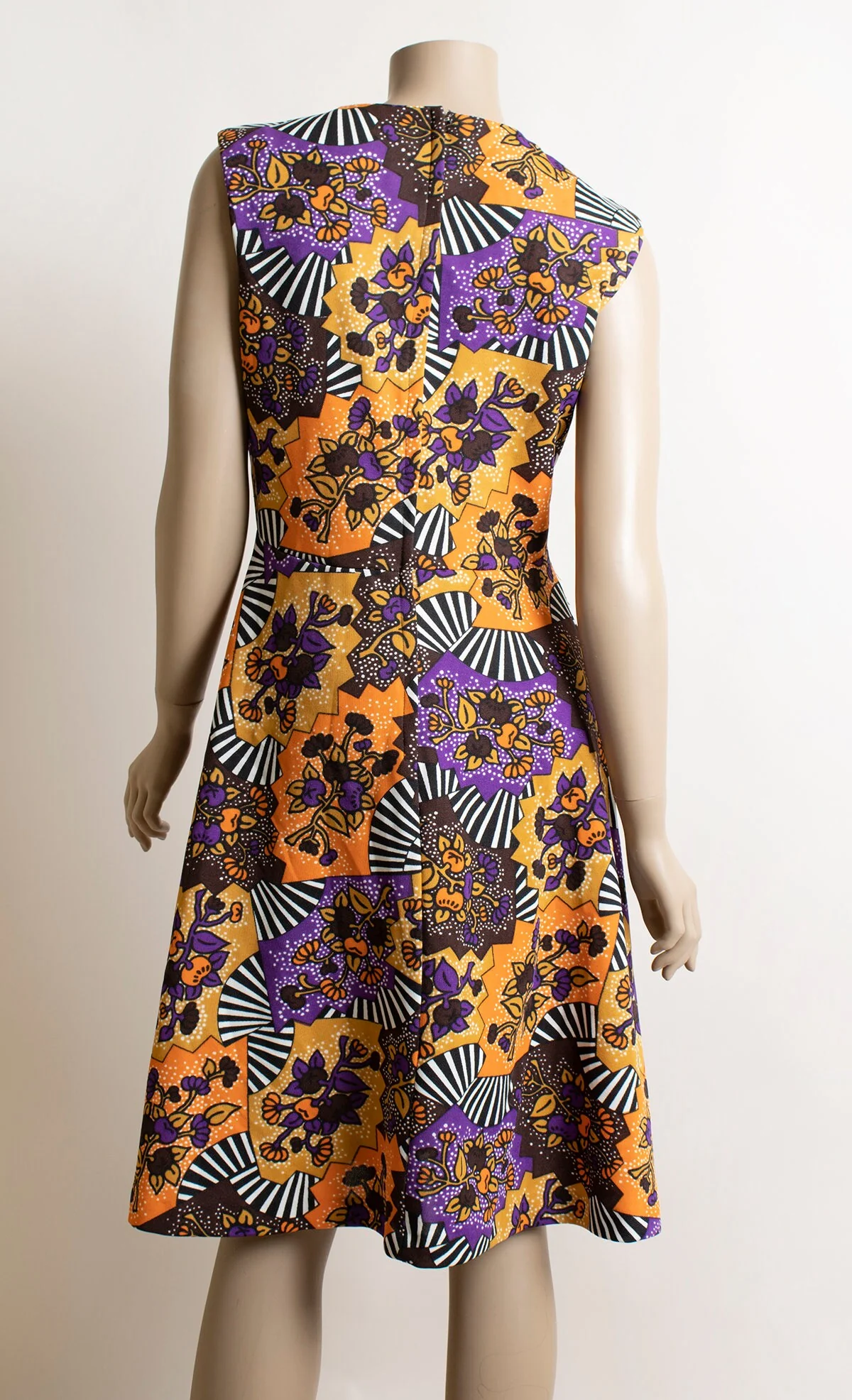 Vintage 60s Dolly Dress Warm Tone Autumn Floral Print Sleeveless Mod Scooter Gogo Dress In Purple Orange and Brown 60s A-Line Medium - Image 4