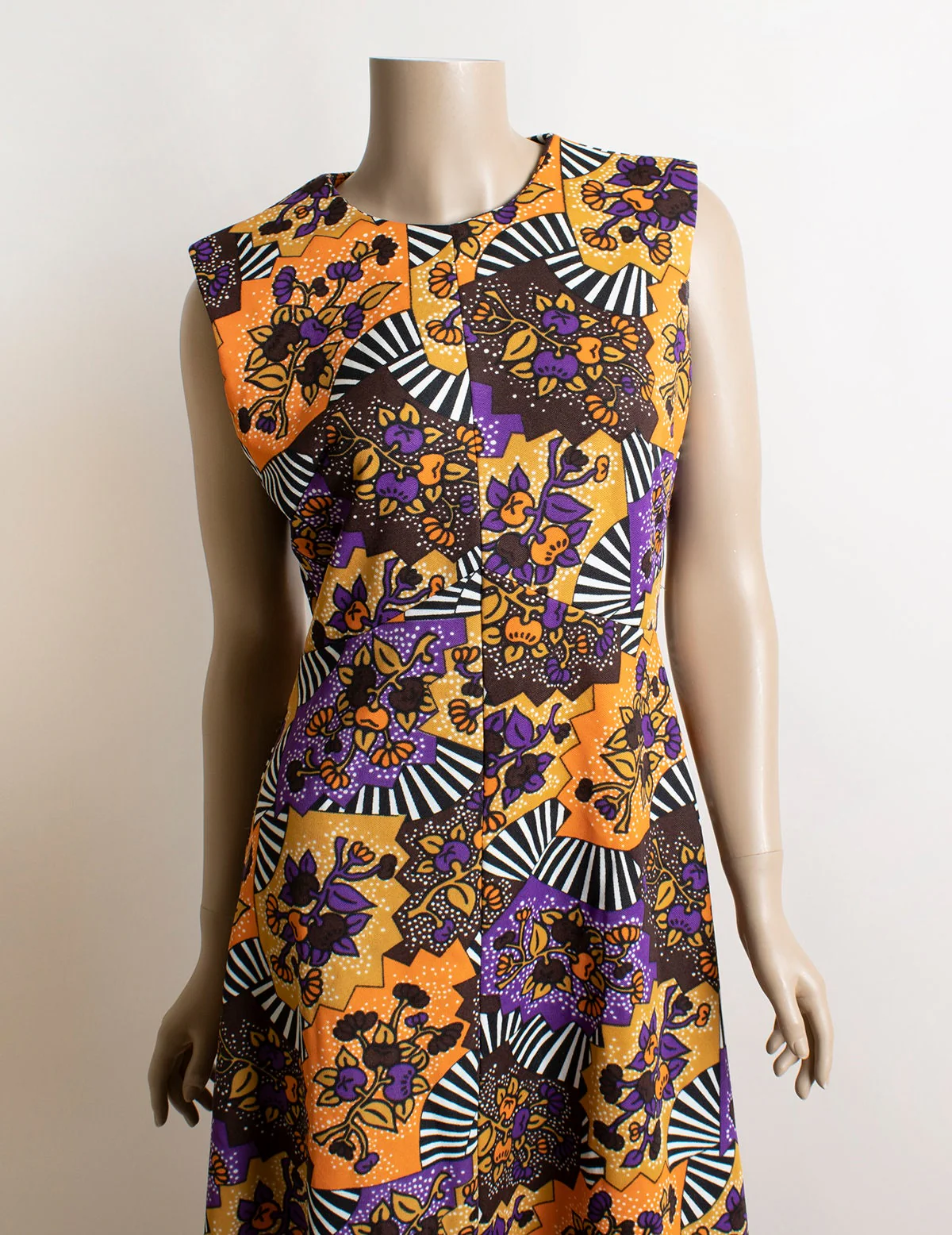 Vintage 60s Dolly Dress Warm Tone Autumn Floral Print Sleeveless Mod Scooter Gogo Dress In Purple Orange and Brown 60s A-Line Medium - Image 7