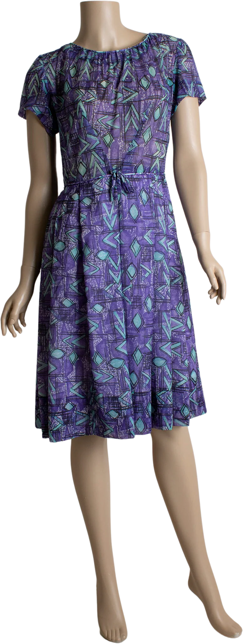 Vintage 60s Dress - Abstract Print Lush Purple and Aqua Blue Sheer Chiffon Cocktail Party Dress - Small