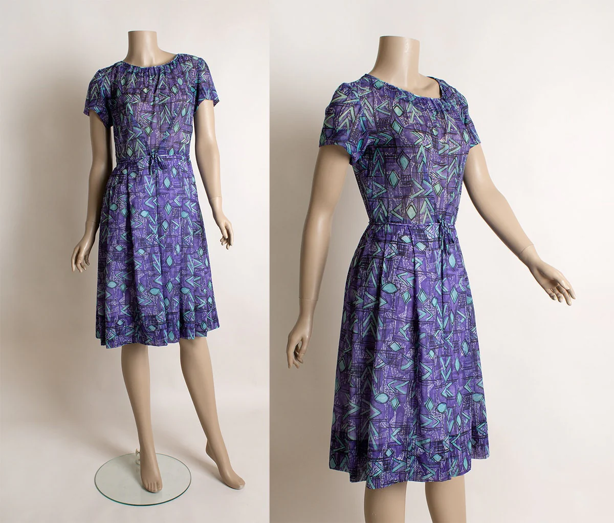 Vintage 60s Dress - Abstract Print Lush Purple and Aqua Blue Sheer Chiffon Cocktail Party Dress - Small - Image 2