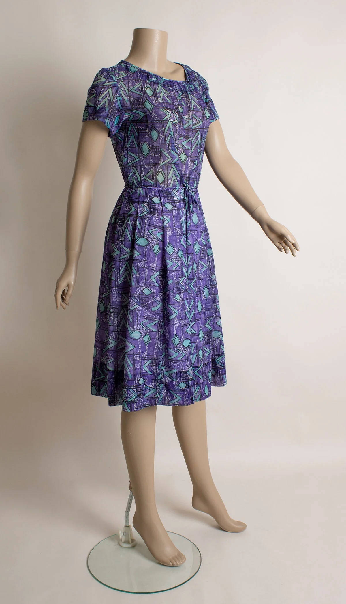 Vintage 60s Dress - Abstract Print Lush Purple and Aqua Blue Sheer Chiffon Cocktail Party Dress - Small - Image 3