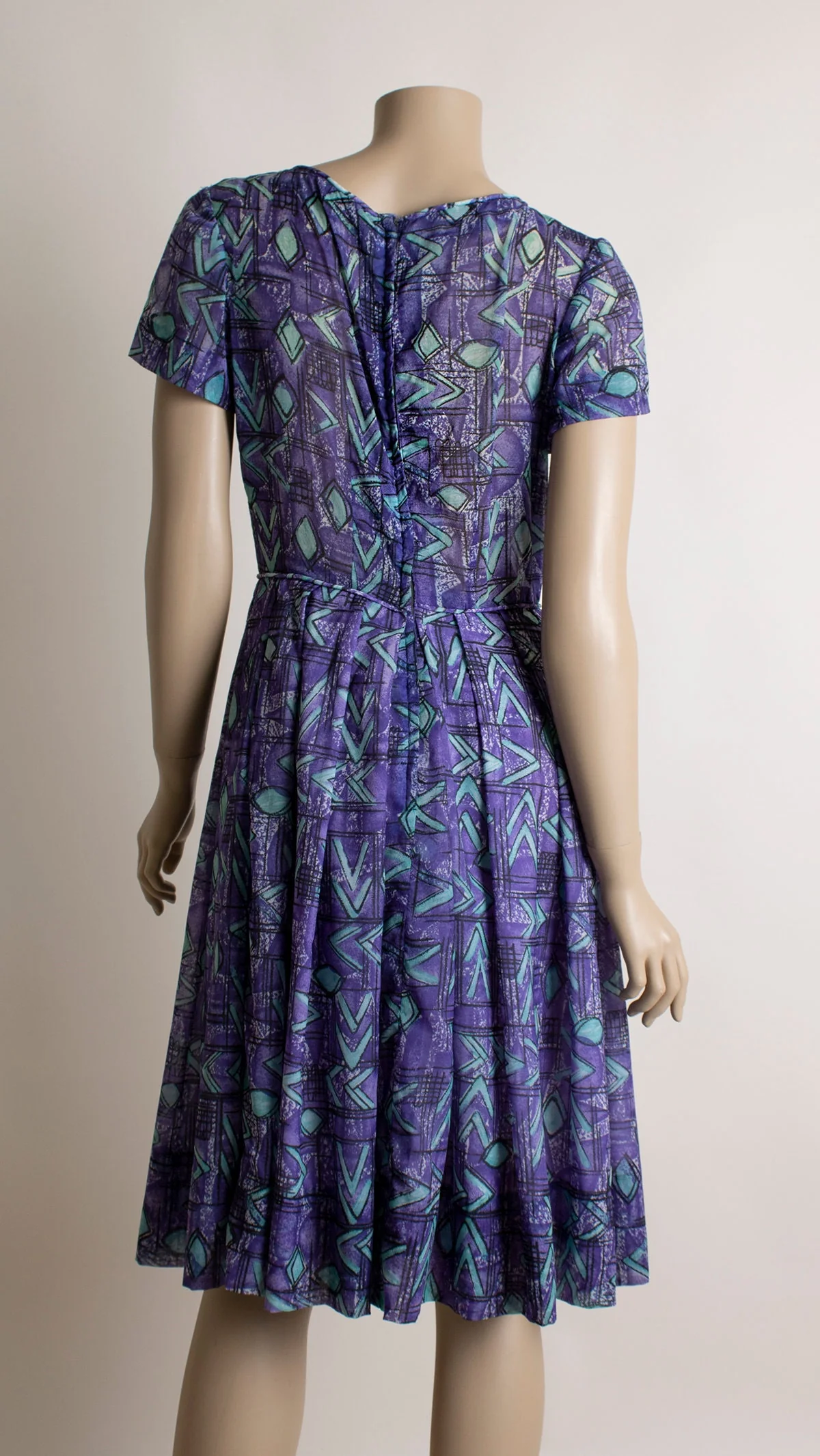 Vintage 60s Dress - Abstract Print Lush Purple and Aqua Blue Sheer Chiffon Cocktail Party Dress - Small - Image 4