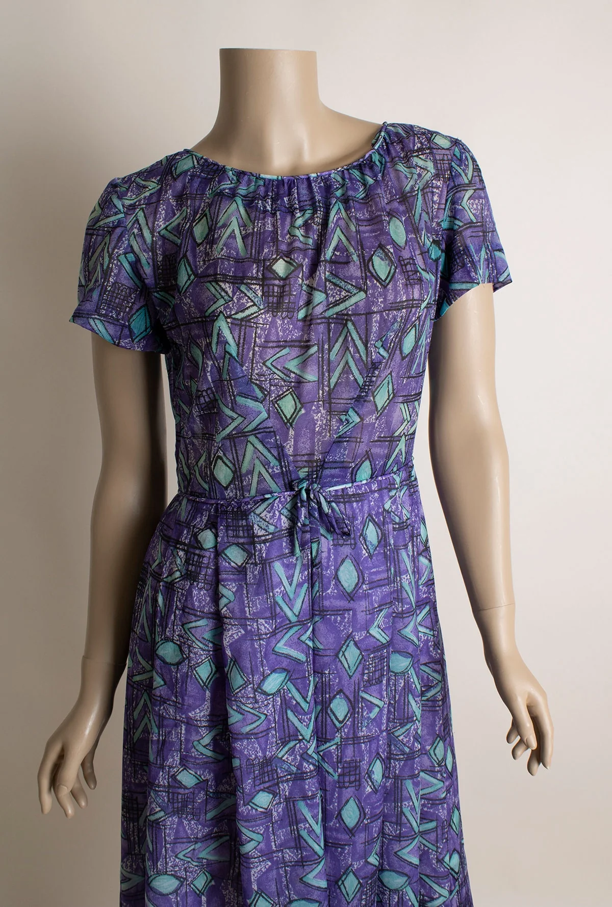 Vintage 60s Dress - Abstract Print Lush Purple and Aqua Blue Sheer Chiffon Cocktail Party Dress - Small - Image 9