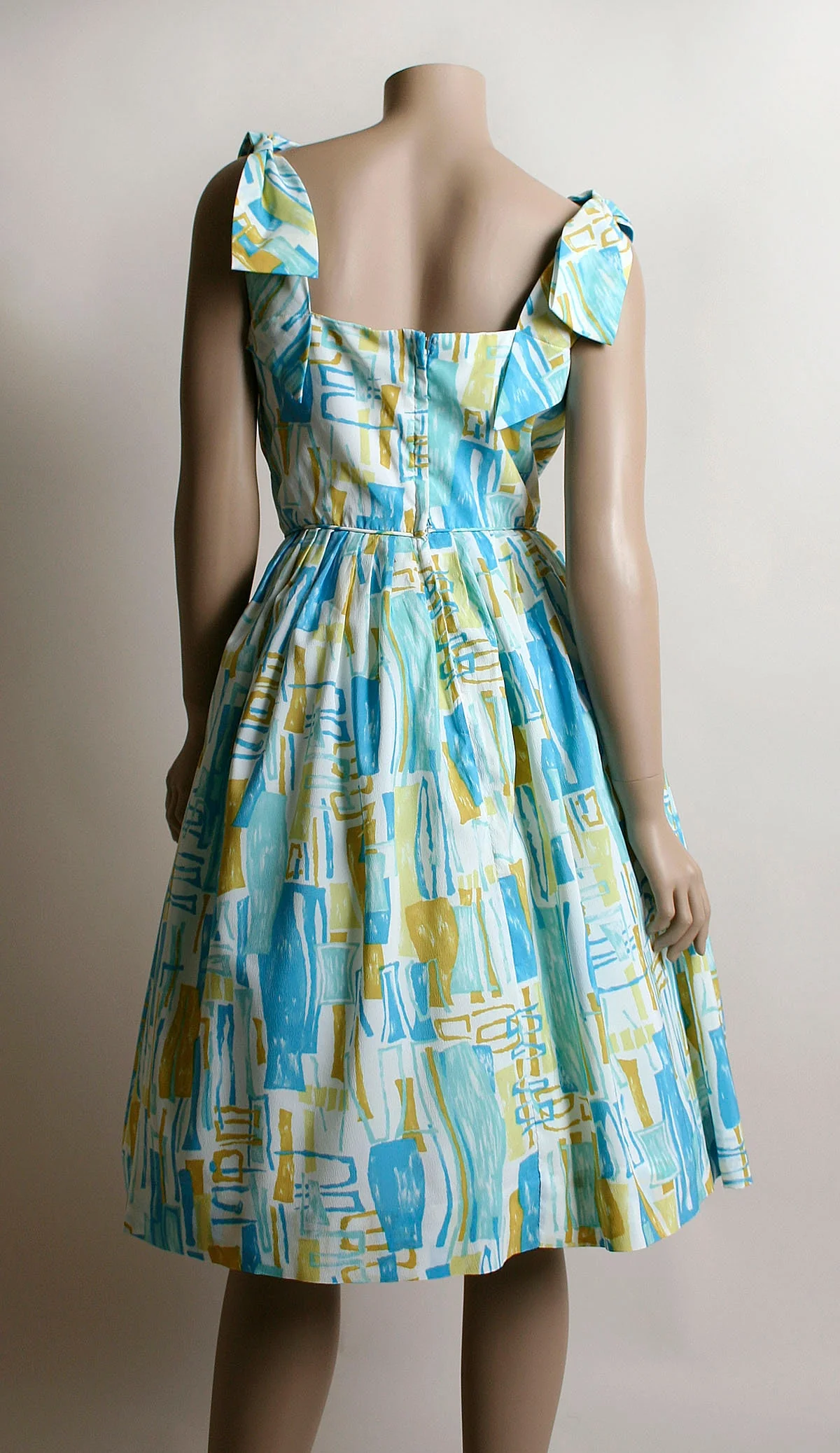 Vintage 60s Dress Aquamarine and Yellow Abstract Print Crepe Day Dress with Bow Shoulders Print Fit N Flare Small - Image 3