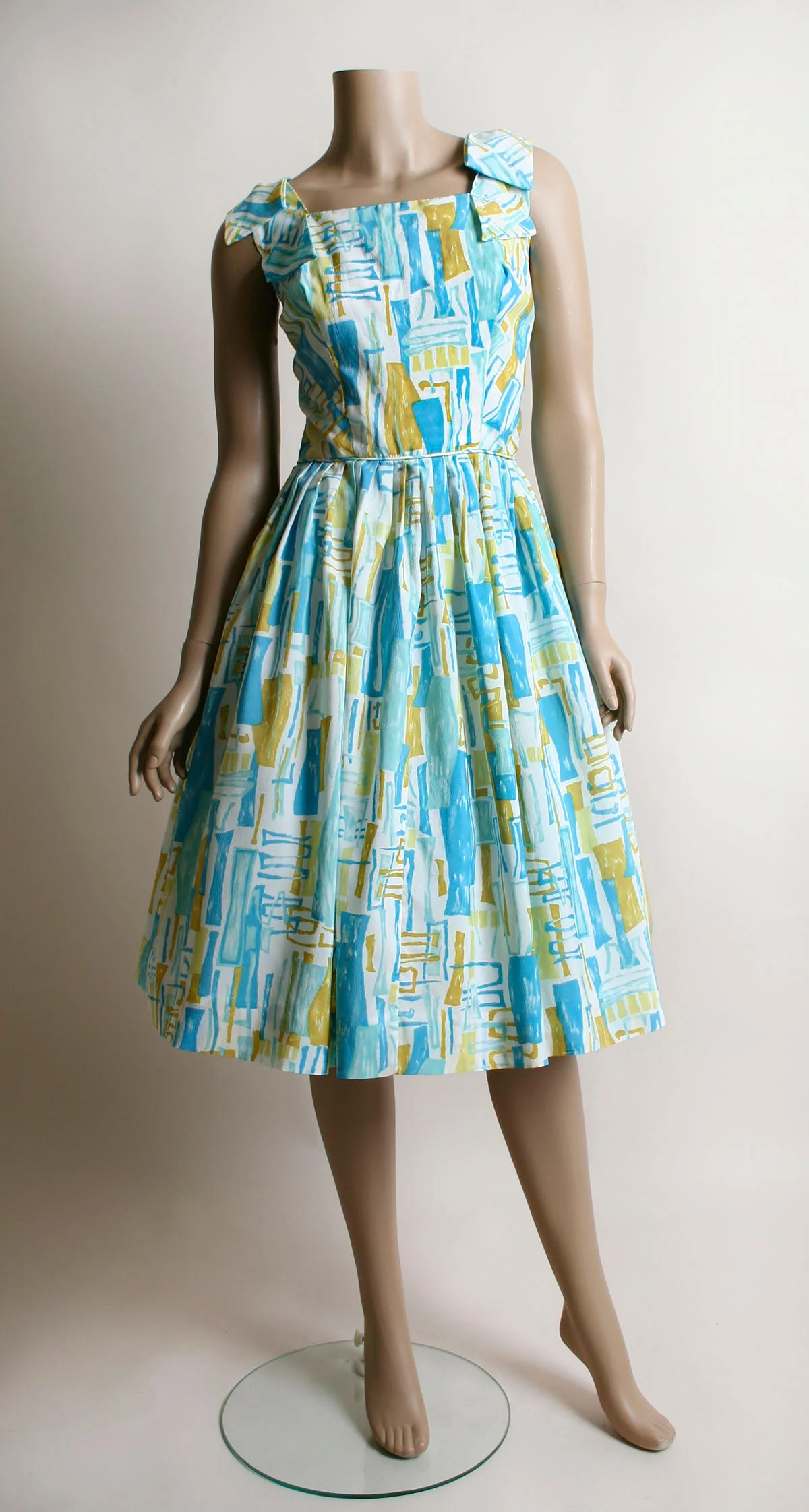 Vintage 60s Dress Aquamarine and Yellow Abstract Print Crepe Day Dress with Bow Shoulders Print Fit N Flare Small - Image 9