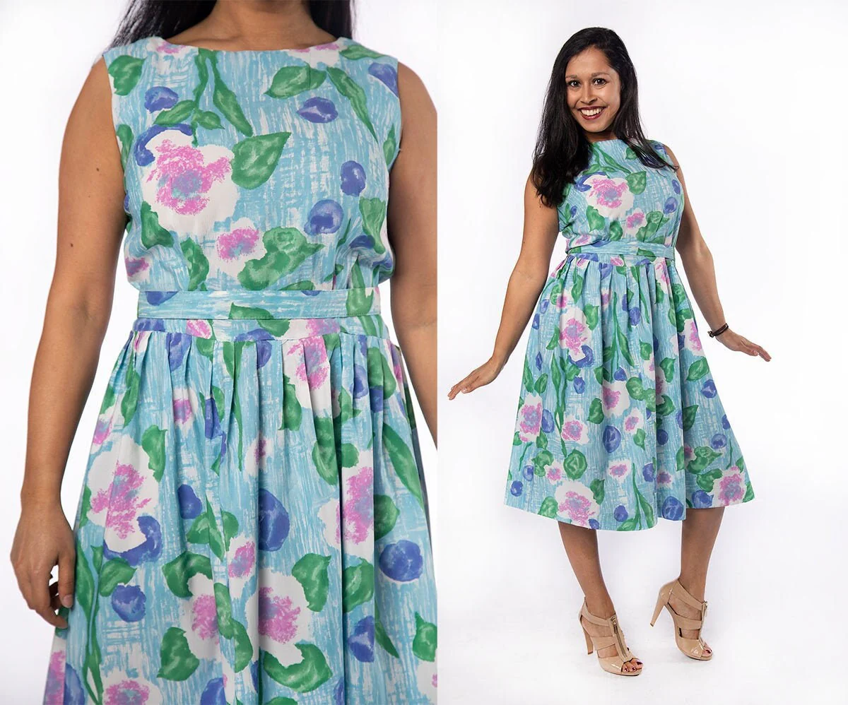 Vintage 60s Dress - Aquamarine Blue Floral Print Dress with Belt - Lavender Pink Green Bouquet Garden - Medium - Image 3