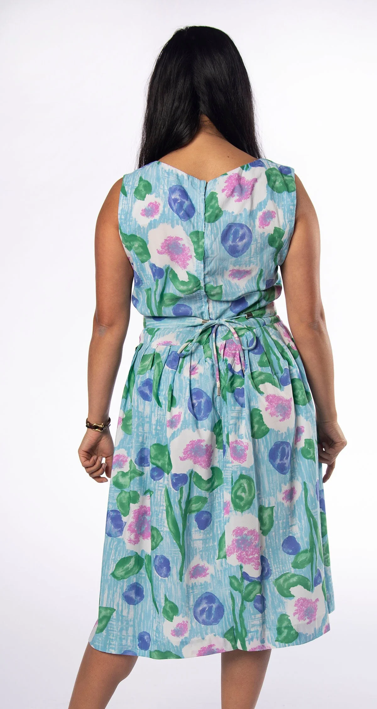 Vintage 60s Dress - Aquamarine Blue Floral Print Dress with Belt - Lavender Pink Green Bouquet Garden - Medium - Image 4
