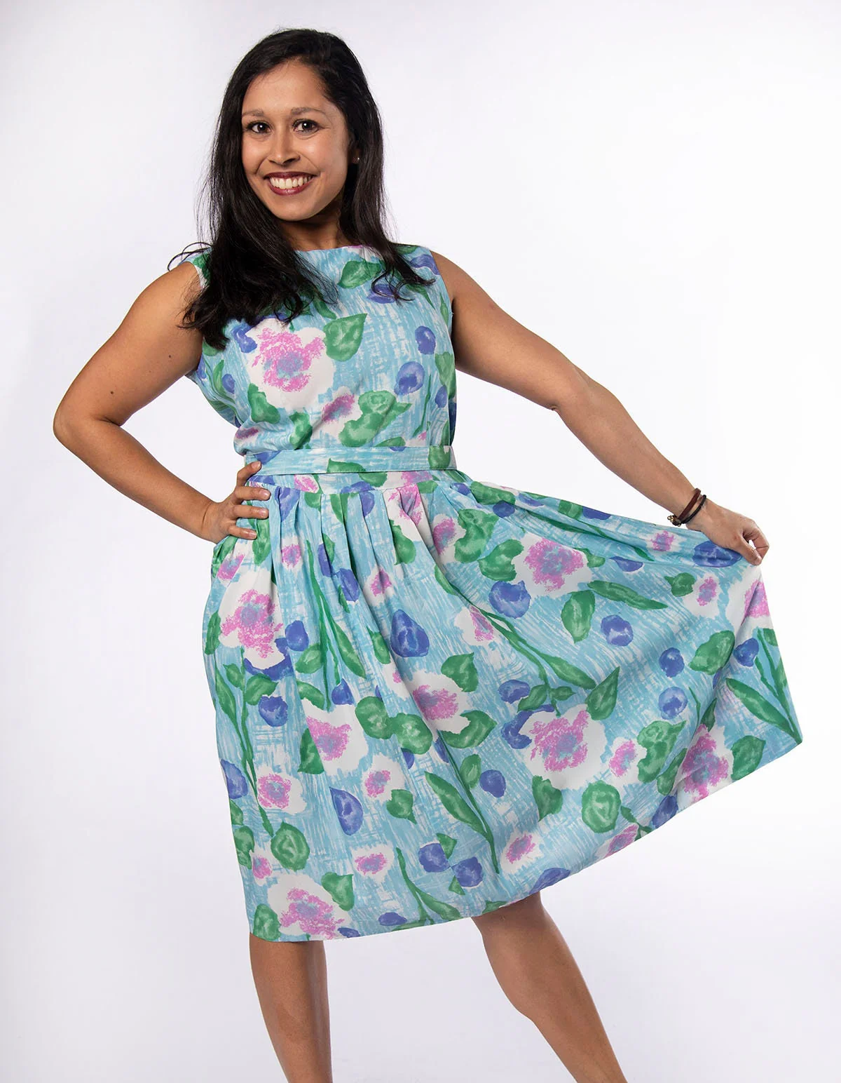 Vintage 60s Dress - Aquamarine Blue Floral Print Dress with Belt - Lavender Pink Green Bouquet Garden - Medium - Image 5