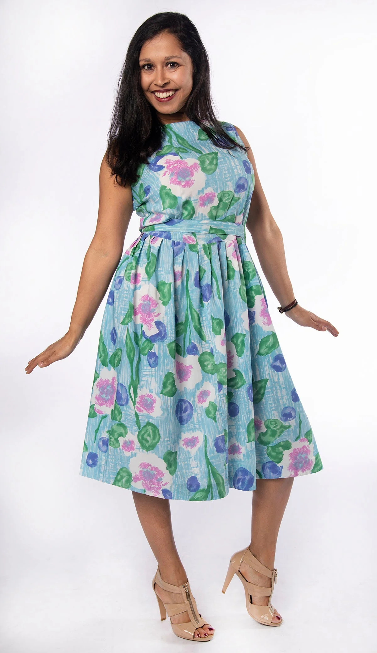 Vintage 60s Dress - Aquamarine Blue Floral Print Dress with Belt - Lavender Pink Green Bouquet Garden - Medium - Image 6