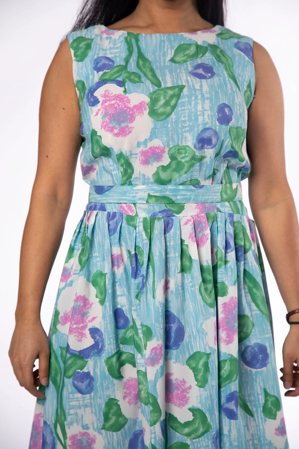 Vintage 60s Dress - Aquamarine Blue Floral Print Dress with Belt - Lavender Pink Green Bouquet Garden - Medium - Image 7