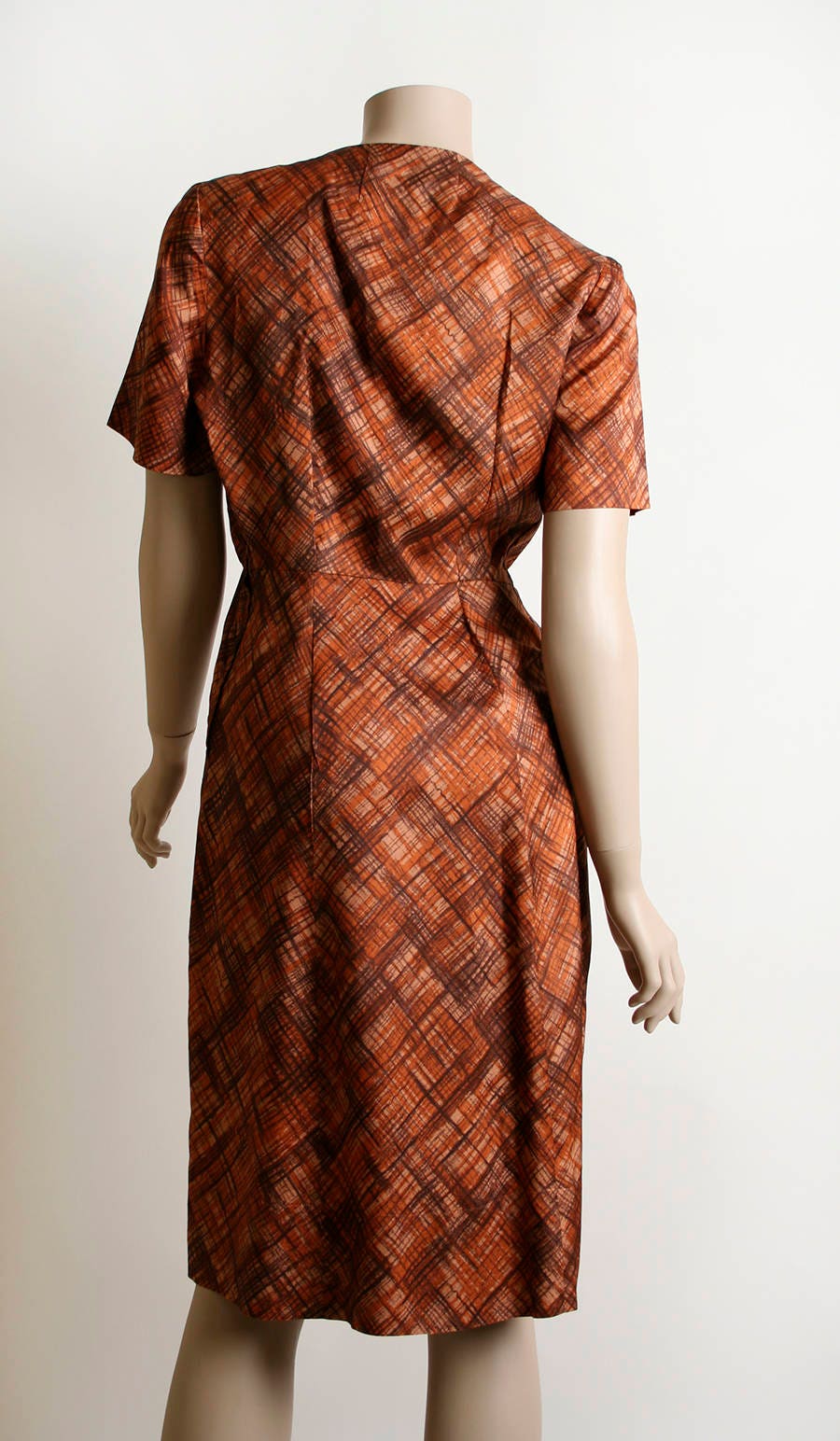 Vintage 60s Dress Autumn Rust Evening Cocktail Party Dress Large Velvet Bow Brown Red Cross Hatch Print Medium by Edith Martin - Image 4