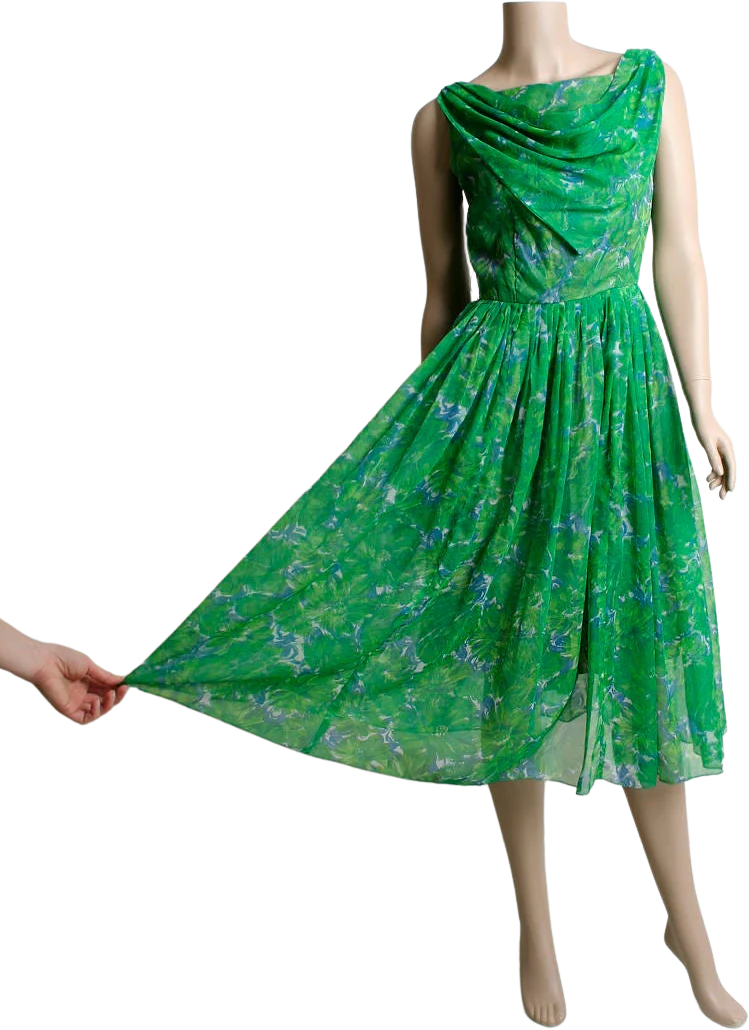 Vintage 60s Chiffon Party Dress Emerald Green and Sky Blue Floral Print Draped Cowl Neckline Midi Tea Length Small