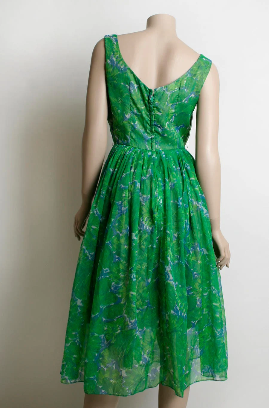 Vintage 60s Chiffon Party Dress Emerald Green and Sky Blue Floral Print Draped Cowl Neckline Midi Tea Length Small - Image 2