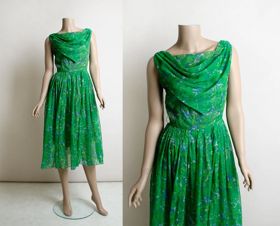 Vintage 60s Chiffon Party Dress Emerald Green and Sky Blue Floral Print Draped Cowl Neckline Midi Tea Length Small - Image 3