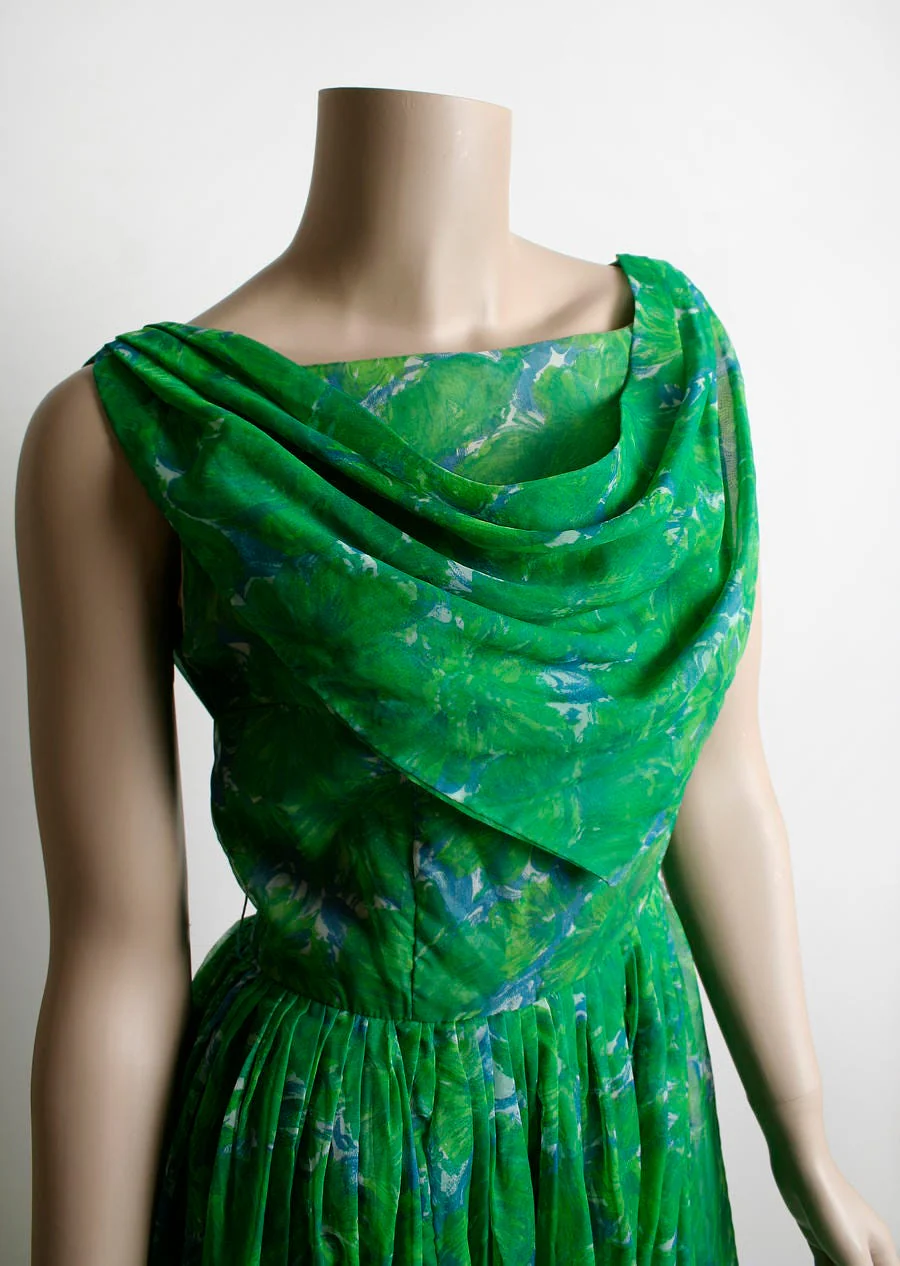 Vintage 60s Chiffon Party Dress Emerald Green and Sky Blue Floral Print Draped Cowl Neckline Midi Tea Length Small - Image 4