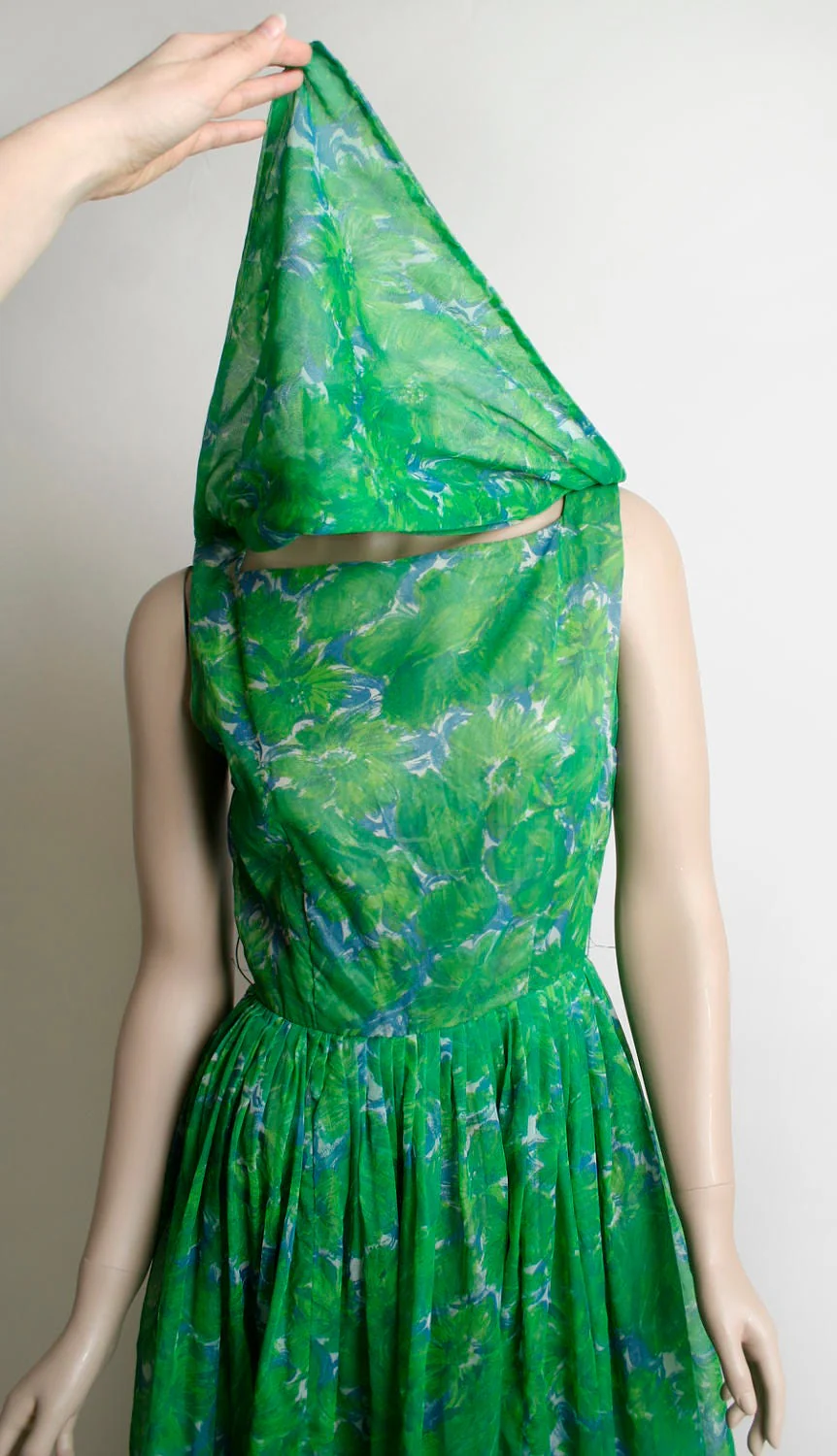 Vintage 60s Chiffon Party Dress Emerald Green and Sky Blue Floral Print Draped Cowl Neckline Midi Tea Length Small - Image 5
