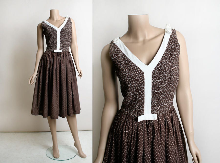 Vintage 60s Dress Chocolate Brown Swiss Dot Floral Quilt Embroidered Bodice Alison Ayres Rockabilly Polka Dot Style Small - Image 4