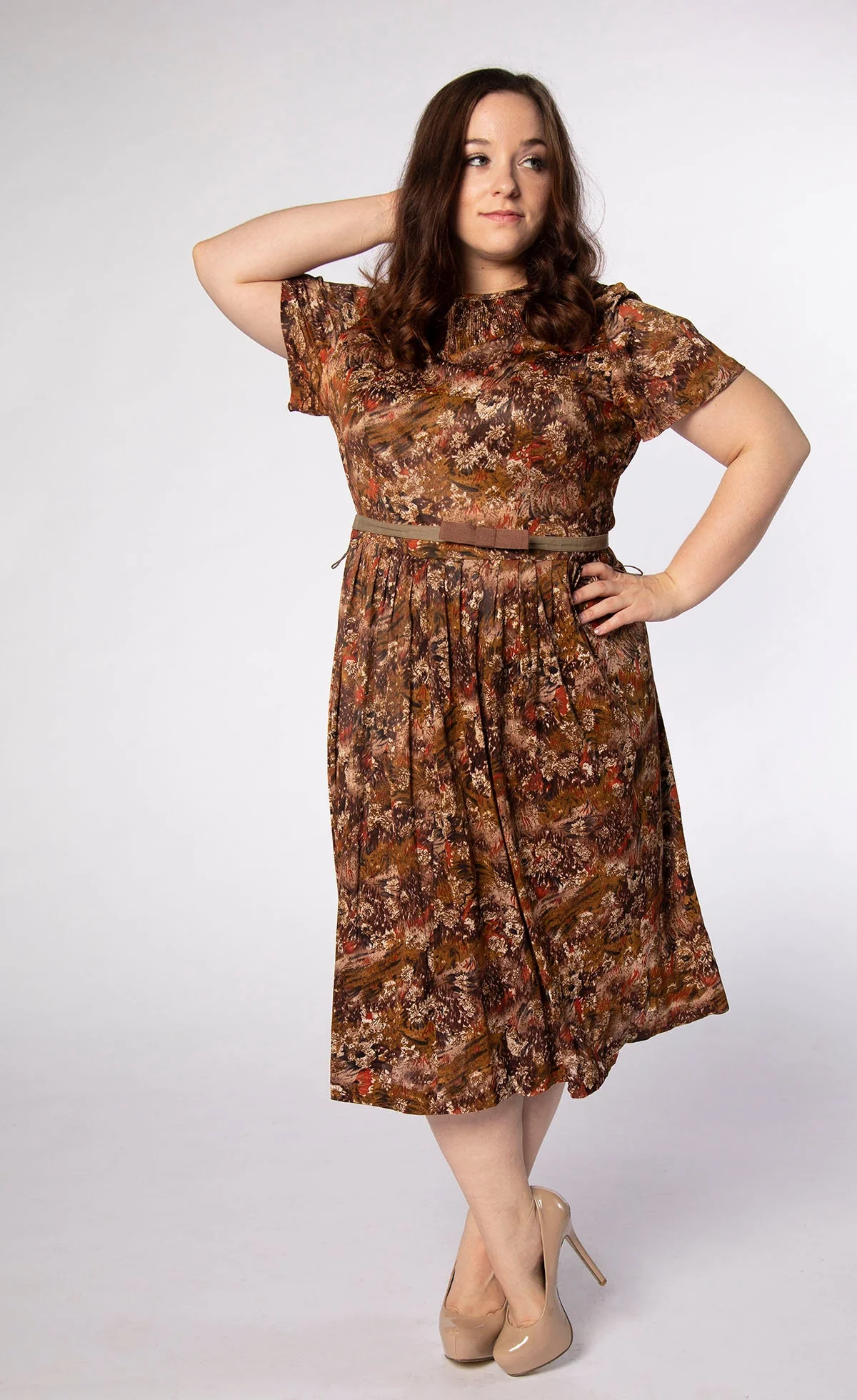 Vintage 60s Dress Early '60s Caramel Chocolate Brown Artsy Floral Print Brushstroke Dandelion Jersey Dress Large Xl - Image 3