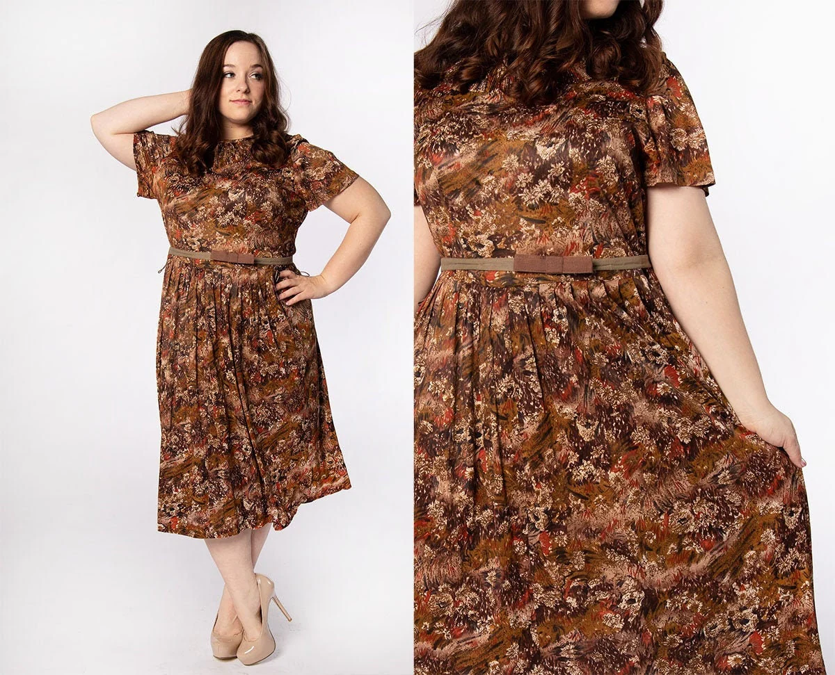 Vintage 60s Dress Early '60s Caramel Chocolate Brown Artsy Floral Print Brushstroke Dandelion Jersey Dress Large Xl - Image 4