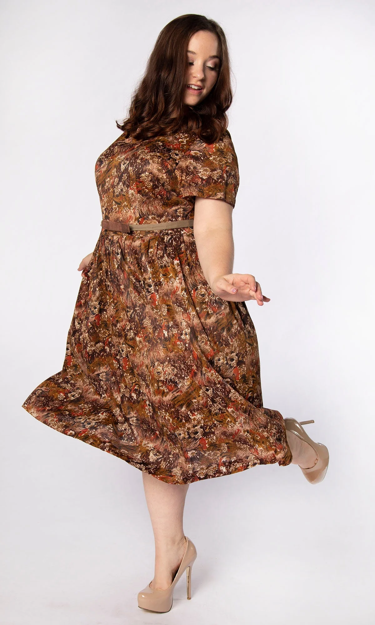 Vintage 60s Dress Early '60s Caramel Chocolate Brown Artsy Floral Print Brushstroke Dandelion Jersey Dress Large Xl - Image 5