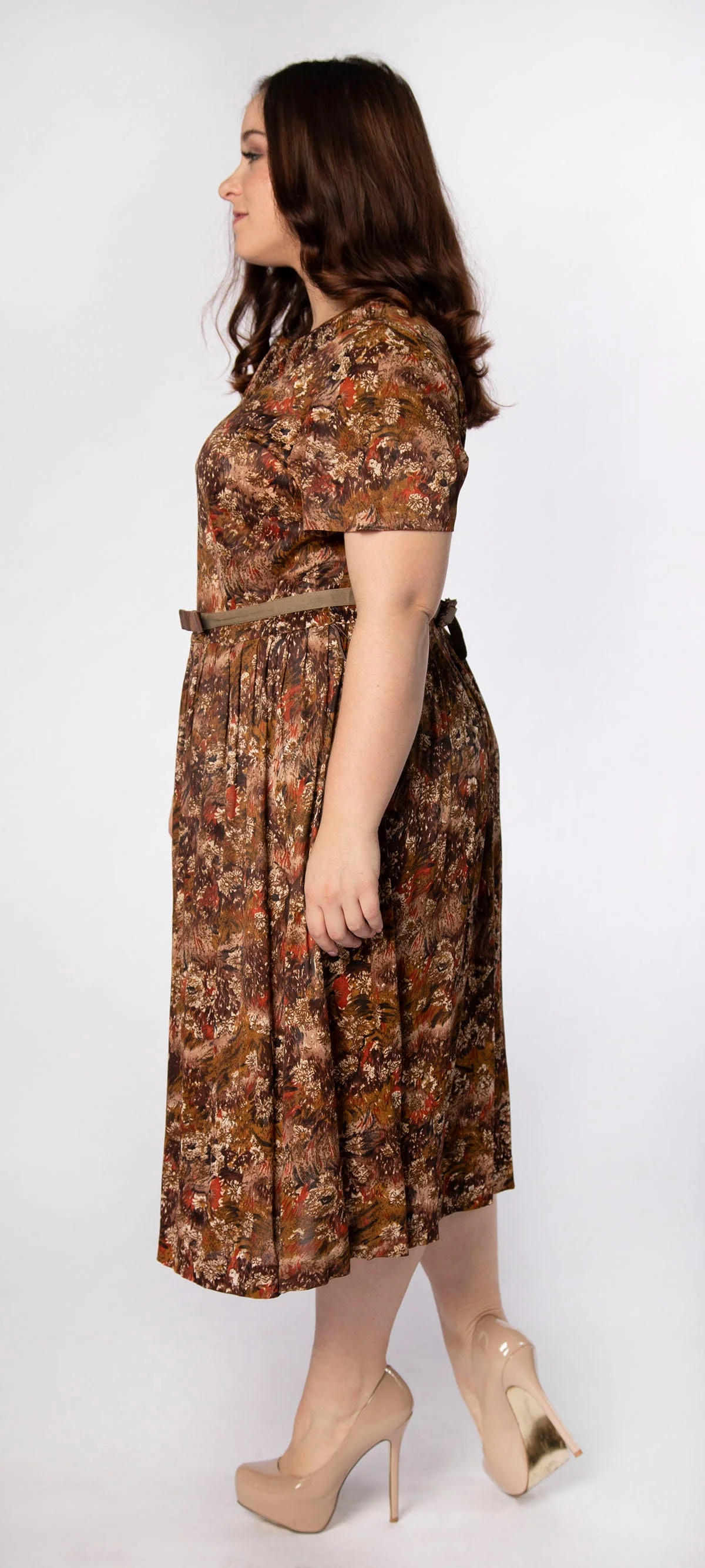 Vintage 60s Dress Early '60s Caramel Chocolate Brown Artsy Floral Print Brushstroke Dandelion Jersey Dress Large Xl - Image 6