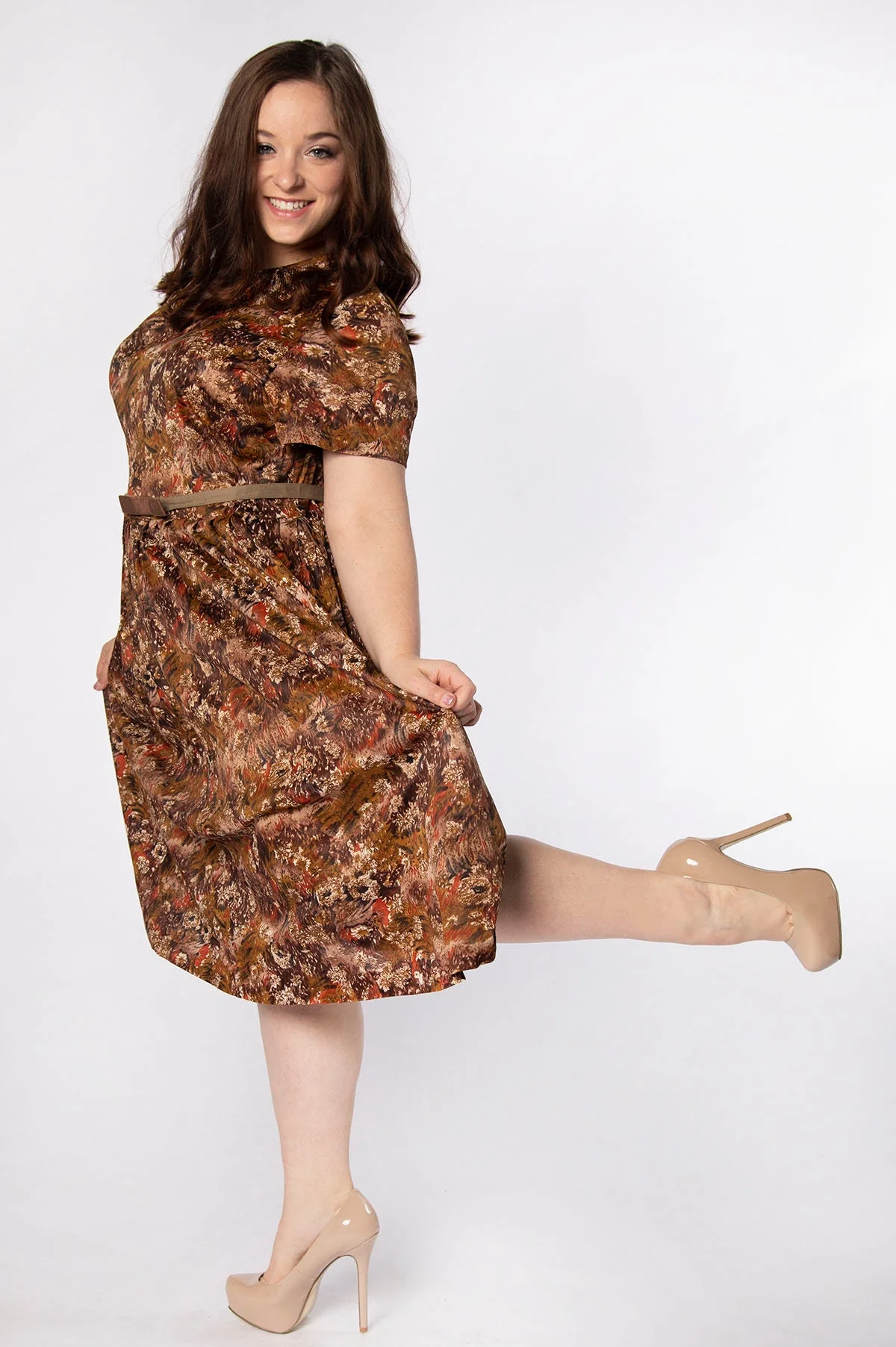 Vintage 60s Dress Early '60s Caramel Chocolate Brown Artsy Floral Print Brushstroke Dandelion Jersey Dress Large Xl - Image 7