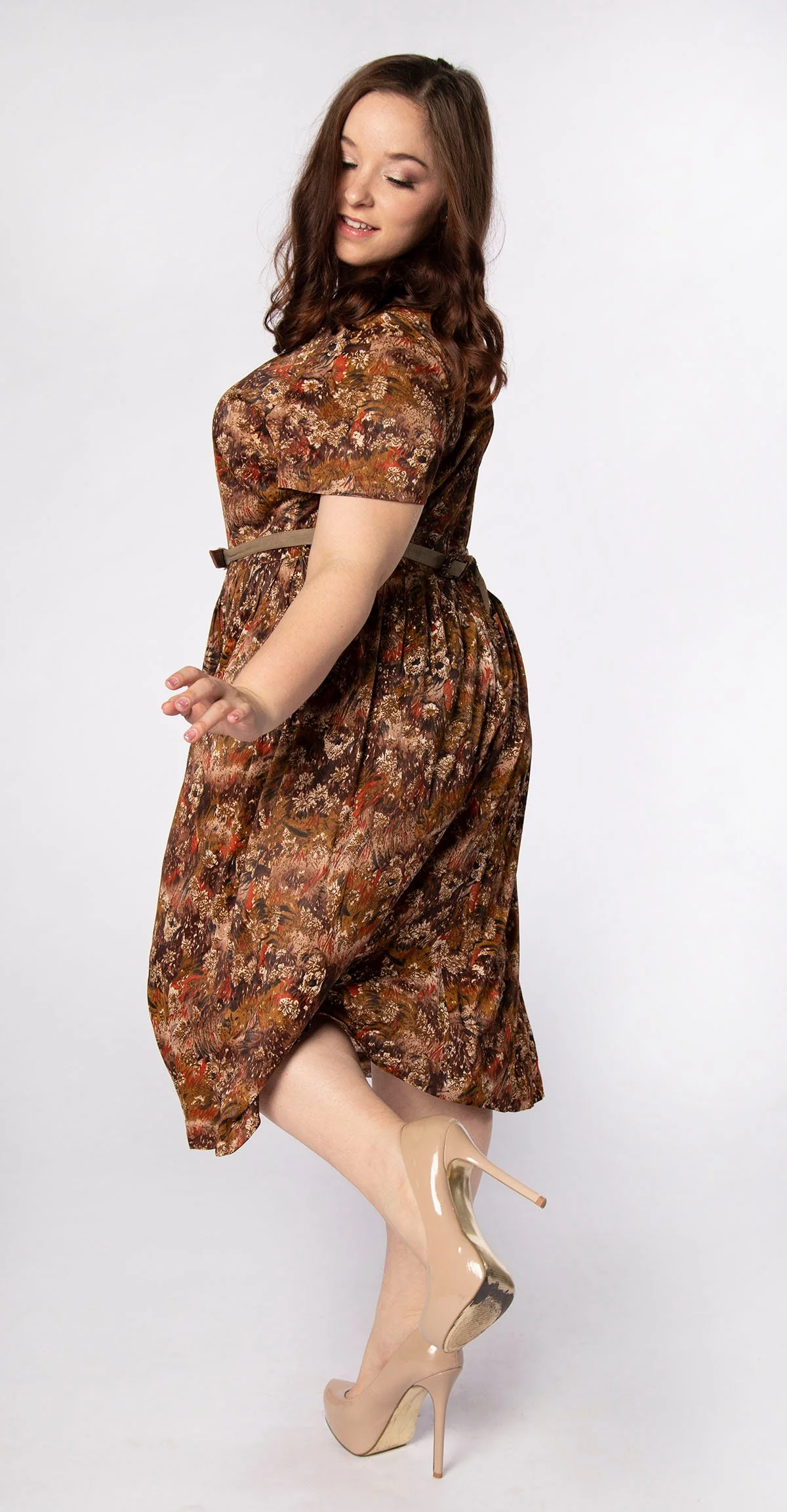 Vintage 60s Dress Early '60s Caramel Chocolate Brown Artsy Floral Print Brushstroke Dandelion Jersey Dress Large Xl - Image 8