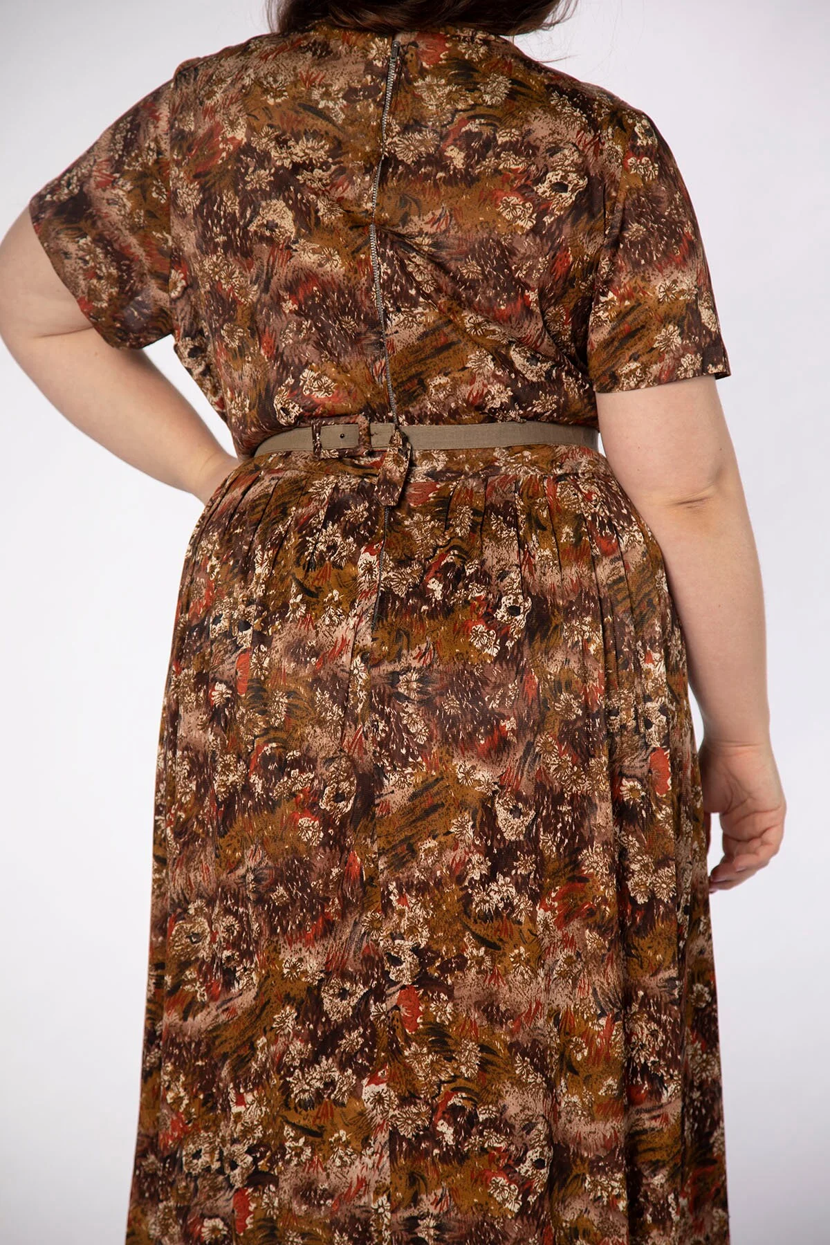Vintage 60s Dress Early '60s Caramel Chocolate Brown Artsy Floral Print Brushstroke Dandelion Jersey Dress Large Xl - Image 9