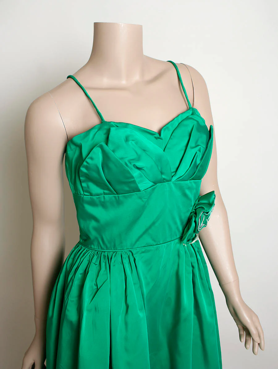 Vintage 60s Dress - Emerald Green Satin Cocktail Party Dress - Prom Dress - Formal Evening Rose Applique - Holiday Ivy - Small - Image 5