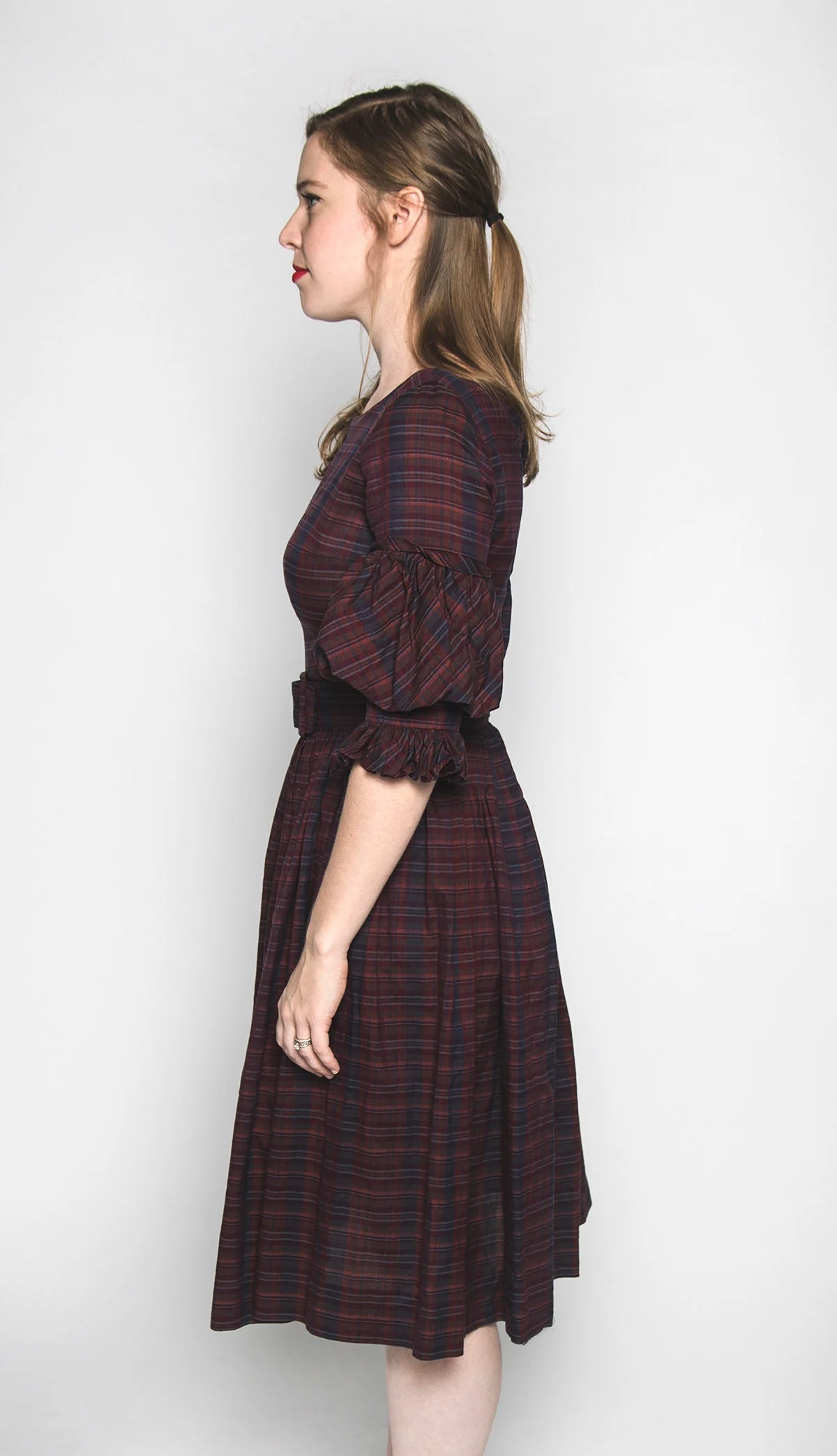 Vintage 60s Dress - Jewel Tone Purple Plaid Striped Print Puff Sleeve Cotton Dress - Juliet Sleeves - Small - Image 3