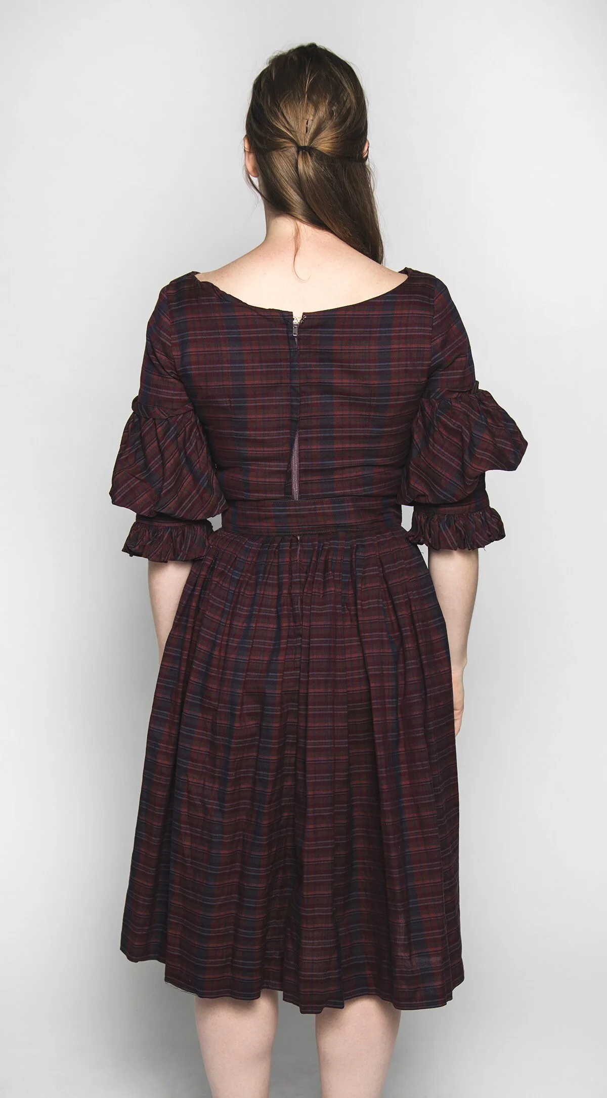 Vintage 60s Dress - Jewel Tone Purple Plaid Striped Print Puff Sleeve Cotton Dress - Juliet Sleeves - Small - Image 4