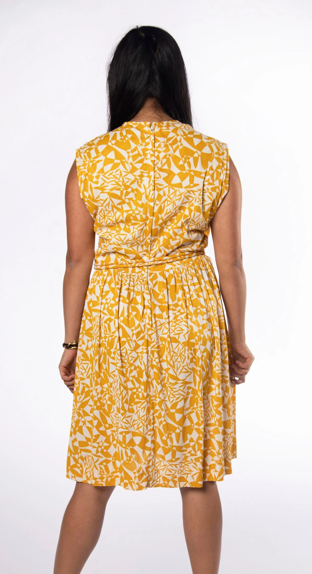 Vintage 60s Dress - Mustard Yellow and White Abstract Floral Print Day Dress with Rope Belt - Jersey - Large - Image 3
