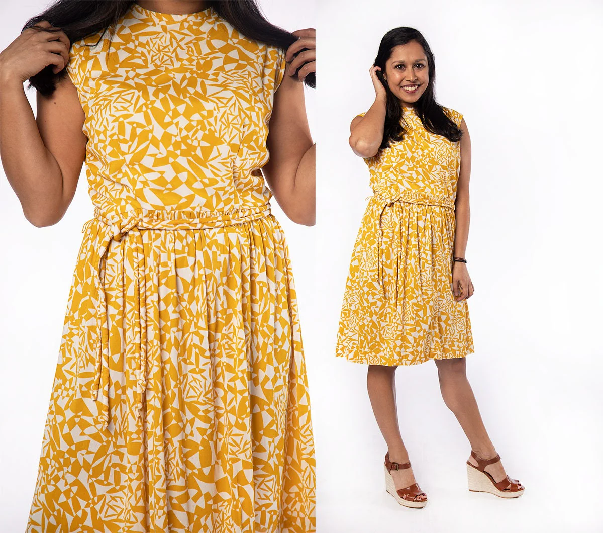 Vintage 60s Dress - Mustard Yellow and White Abstract Floral Print Day Dress with Rope Belt - Jersey - Large - Image 5