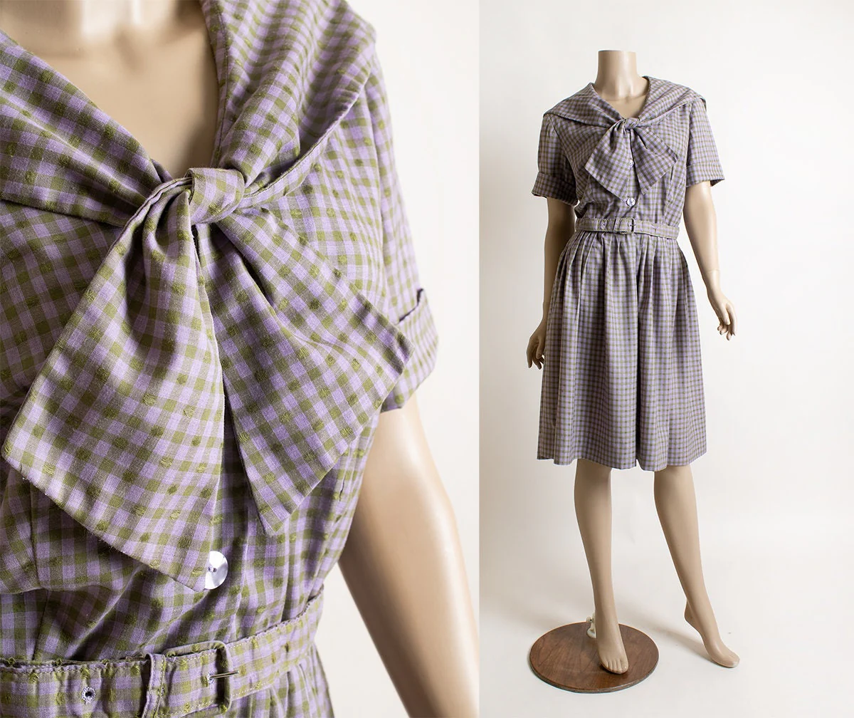 Vintage 60s Dress Pastel Lavender Purple and Olive Green Plaid Checkered Dress with Sailor Flap and Bow Neckline Cotton Medium by Murial Ryan - Image 3