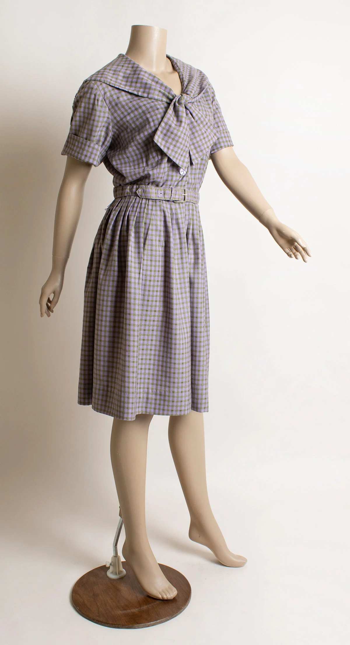 Vintage 60s Dress Pastel Lavender Purple and Olive Green Plaid Checkered Dress with Sailor Flap and Bow Neckline Cotton Medium by Murial Ryan - Image 4