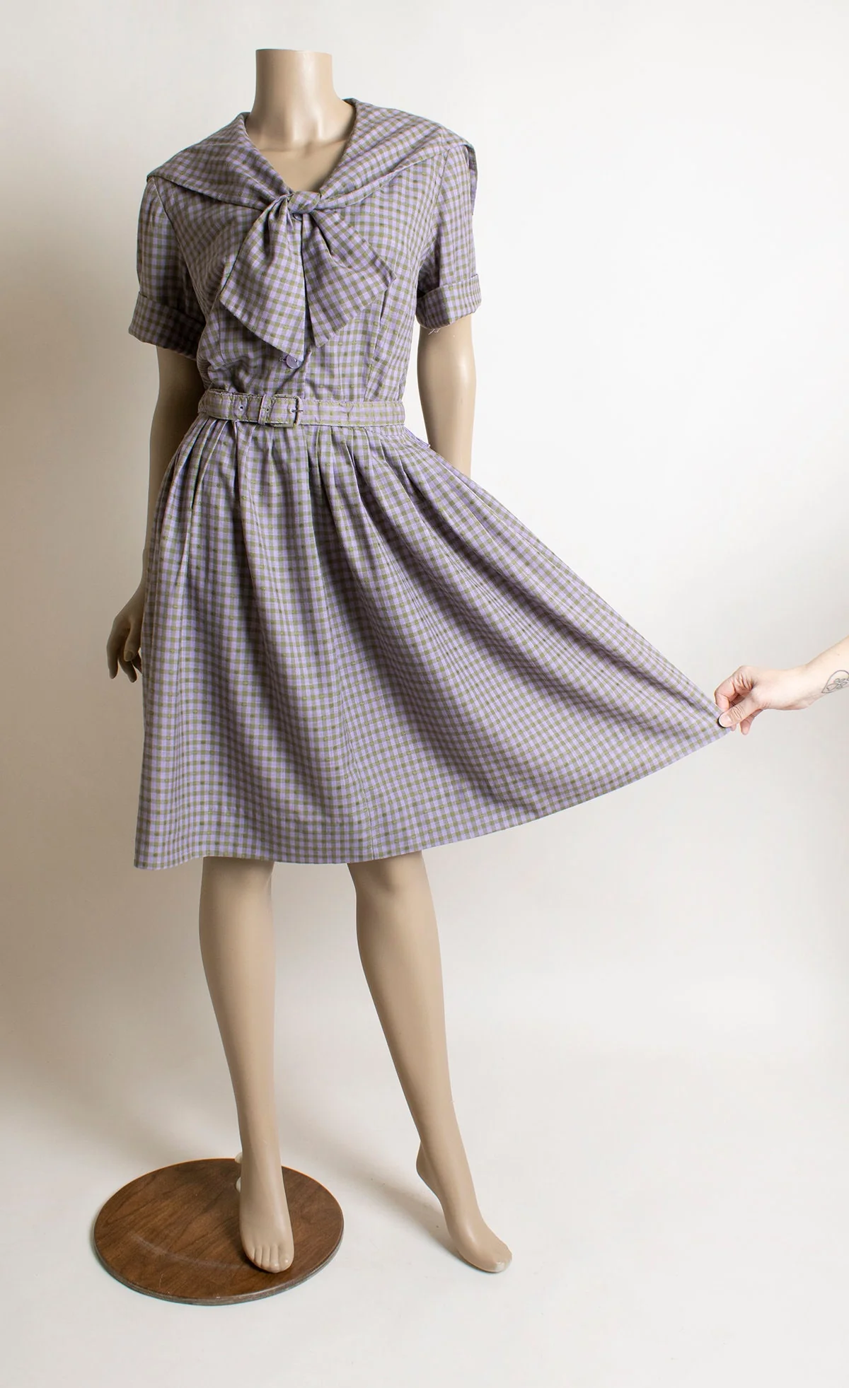 Vintage 60s Dress Pastel Lavender Purple and Olive Green Plaid Checkered Dress with Sailor Flap and Bow Neckline Cotton Medium by Murial Ryan - Image 5