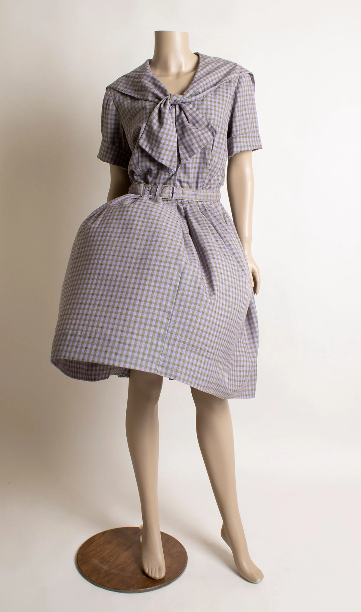 Vintage 60s Dress Pastel Lavender Purple and Olive Green Plaid Checkered Dress with Sailor Flap and Bow Neckline Cotton Medium by Murial Ryan - Image 6