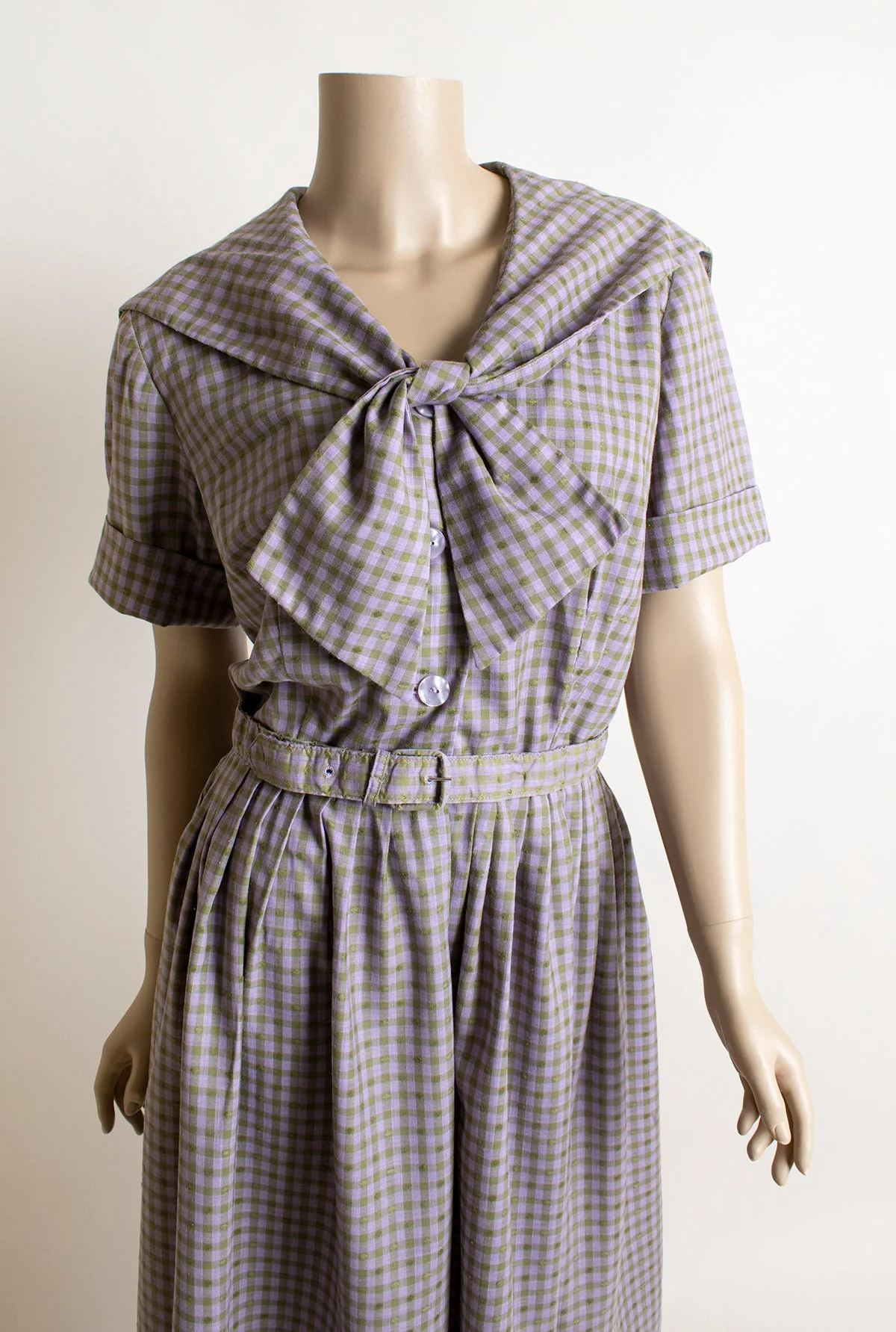 Vintage 60s Dress Pastel Lavender Purple and Olive Green Plaid Checkered Dress with Sailor Flap and Bow Neckline Cotton Medium by Murial Ryan - Image 7