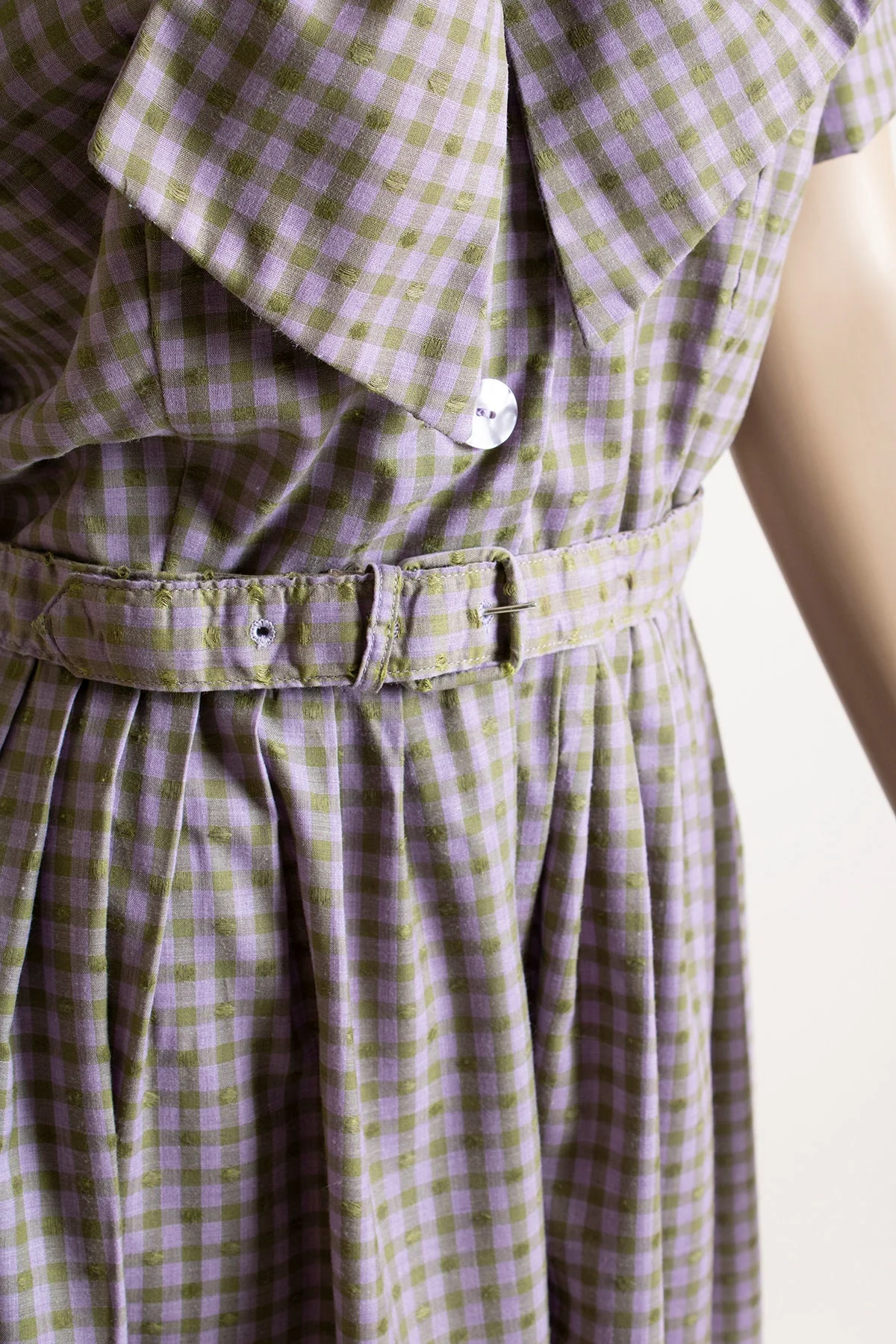 Vintage 60s Dress Pastel Lavender Purple and Olive Green Plaid Checkered Dress with Sailor Flap and Bow Neckline Cotton Medium by Murial Ryan - Image 8