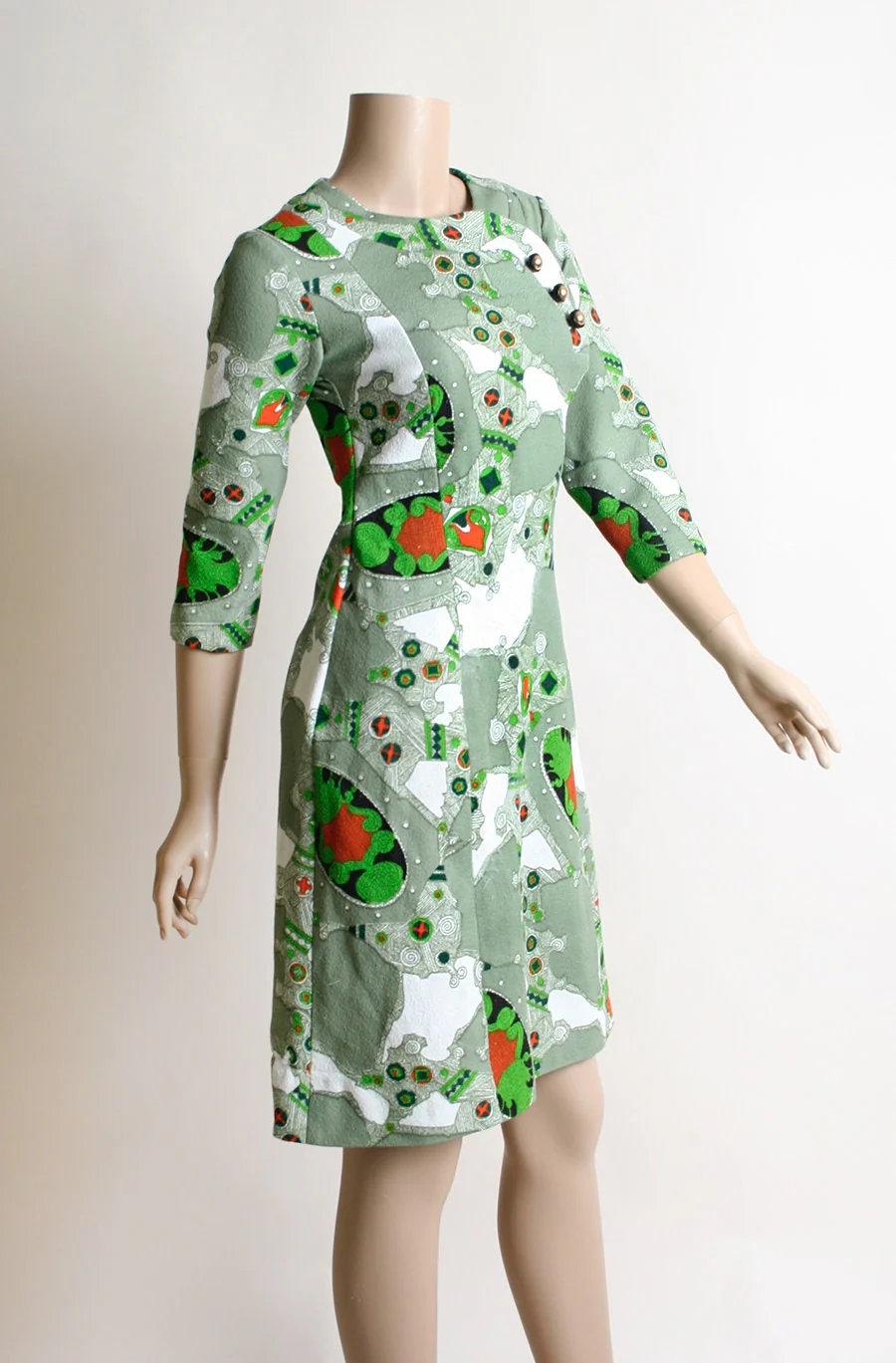 Vintage 60s Dress Psychedelic Abstract Swirl Wiggle Dress with Asymmetrical Buttons Artsy Mint Green and White Small by San Francisco - Image 3
