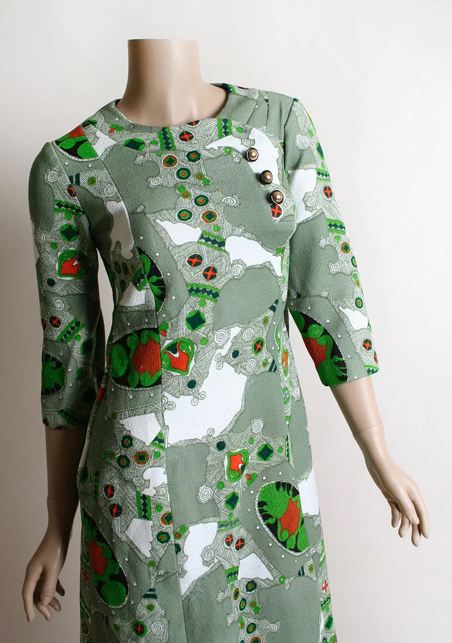 Vintage 60s Dress Psychedelic Abstract Swirl Wiggle Dress with Asymmetrical Buttons Artsy Mint Green and White Small by San Francisco - Image 6