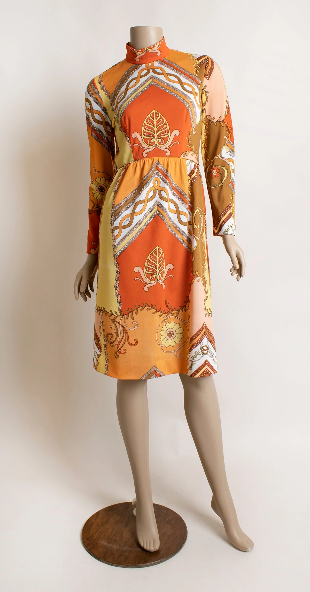 Vintage 60s Dress Psychedelic Orange Yellow Flower and Chain Print Long Sleeve Dress Knits Small by Domani - Image 3