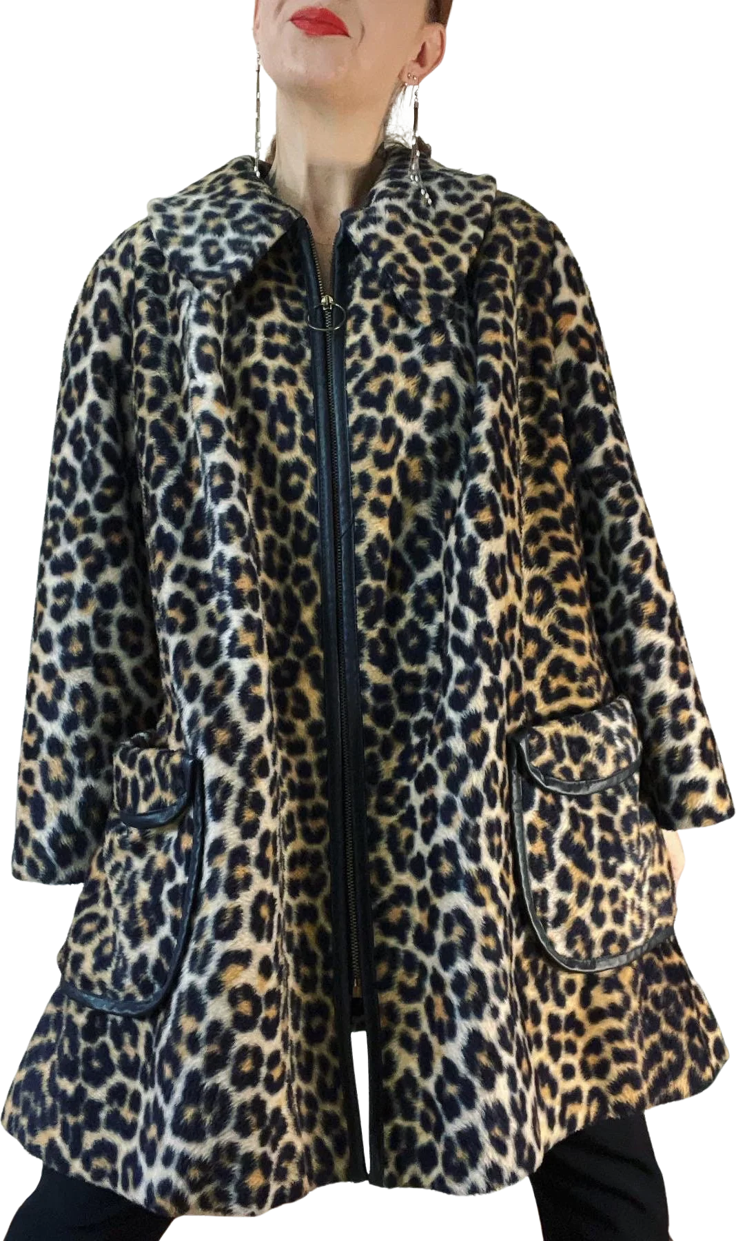 Vintage 60s Faux Fur Leopard Print Mega Mod Trapeze Coat